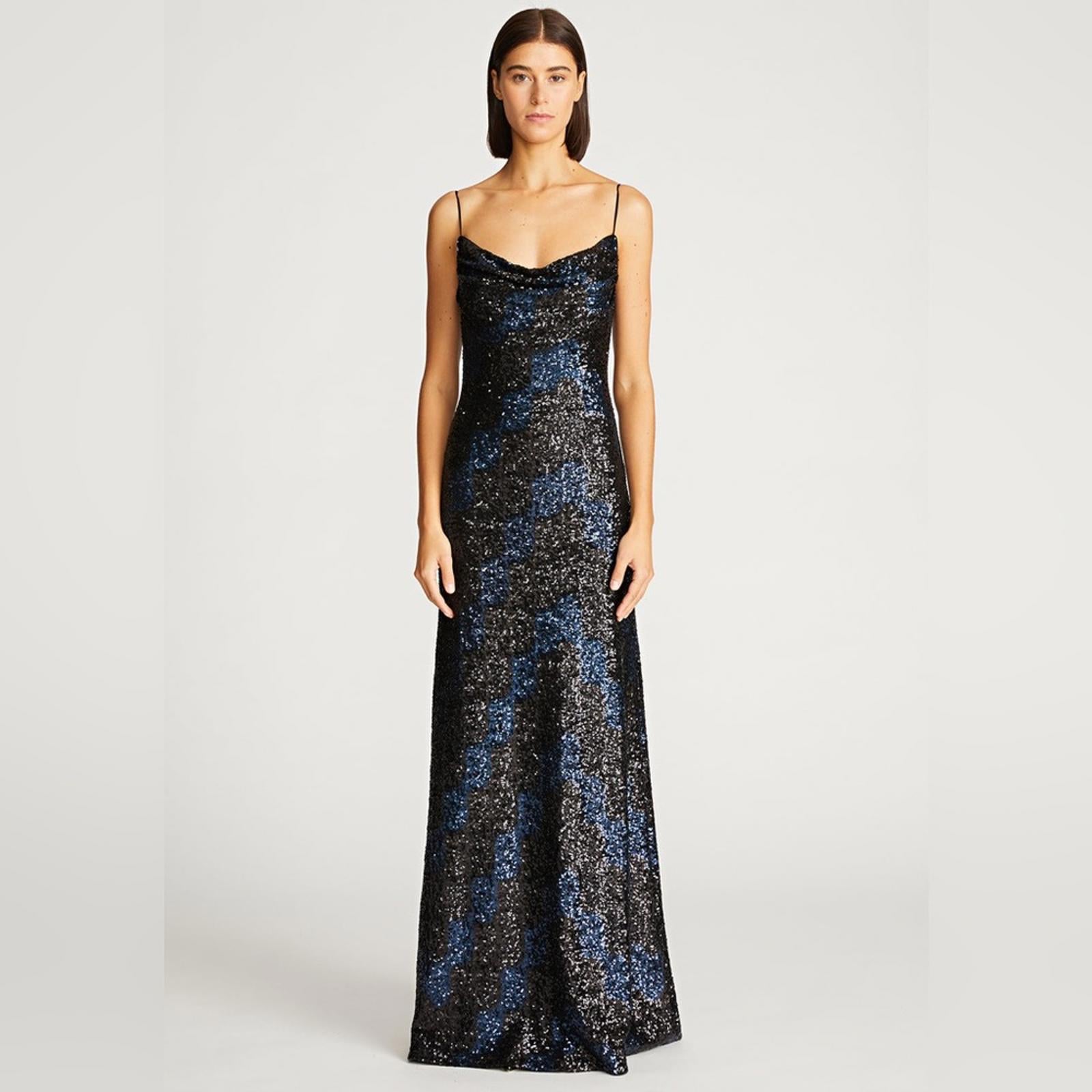 Halston Syrena Gown in Wave Sequined , Black/Navy Size 12 New w/Tag Retail $595