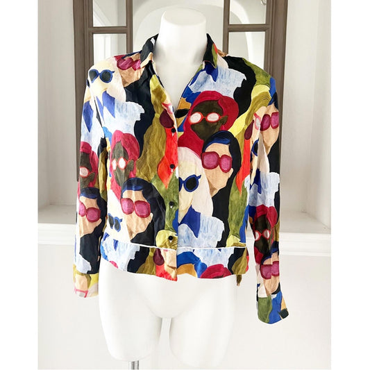 Zara Button Up Blouse, Abstract Print Shirt Size S