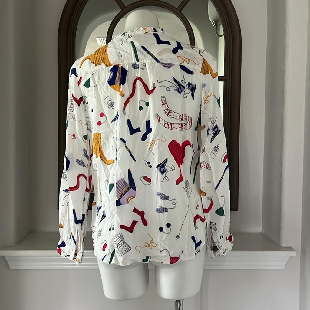 Anthropologie’s Maeve Marisol Ruffled Winter Ski Print Blouse, Size 8