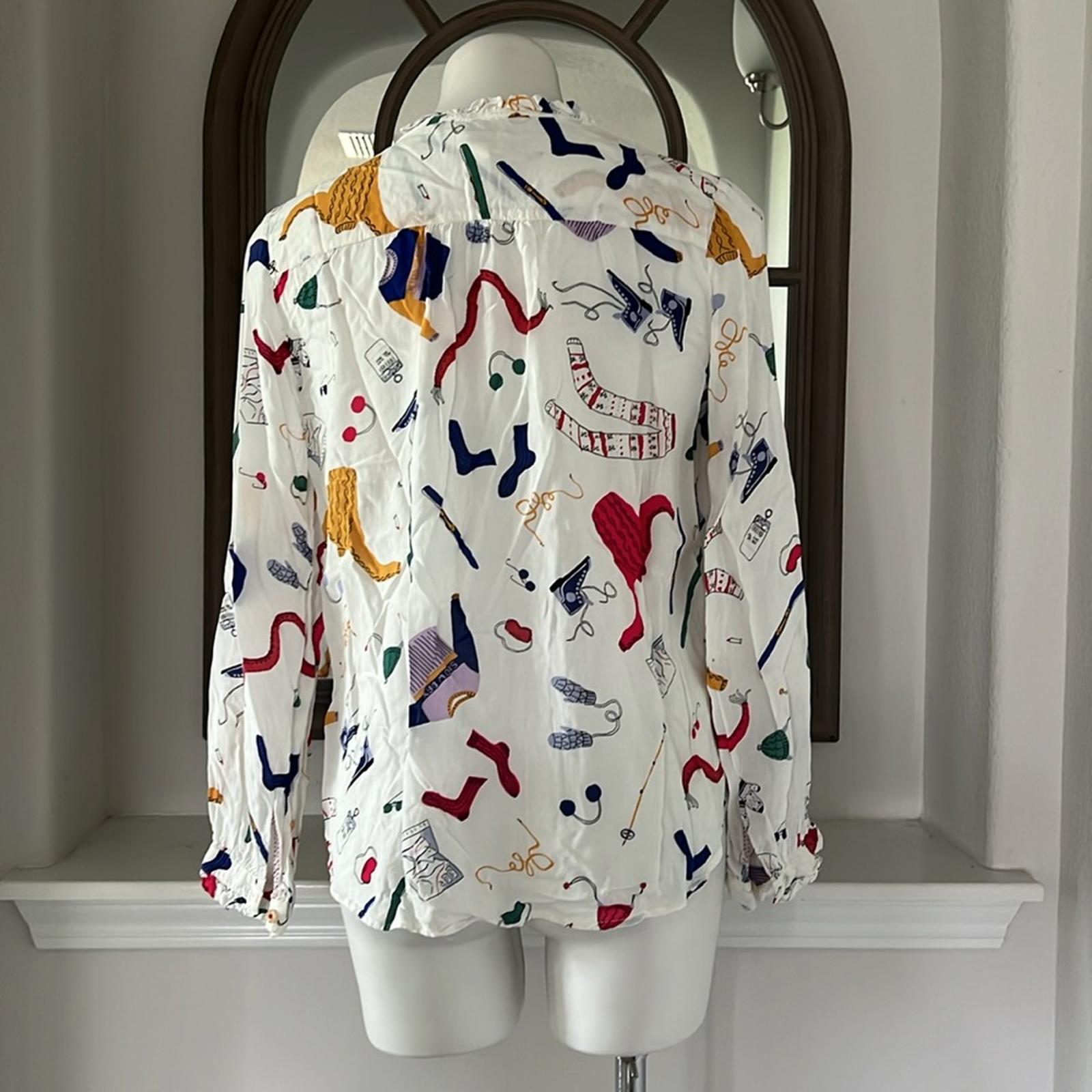 Anthropologie’s Maeve Marisol Ruffled Winter Ski Print Blouse, Size 8