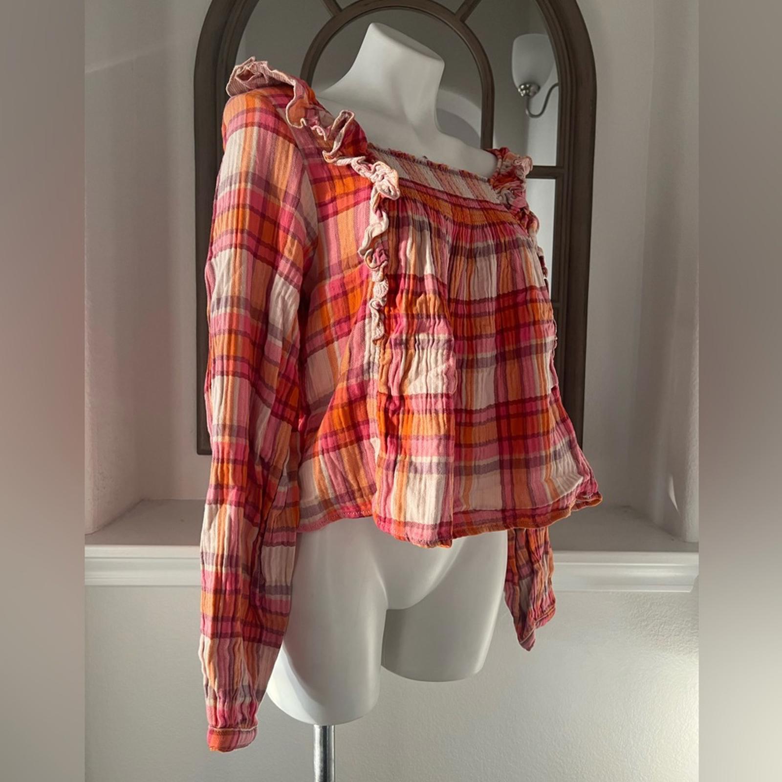 Free People Siena Plaid Long Sleeve Ruffle Top Cotton Size XS New w/Tag