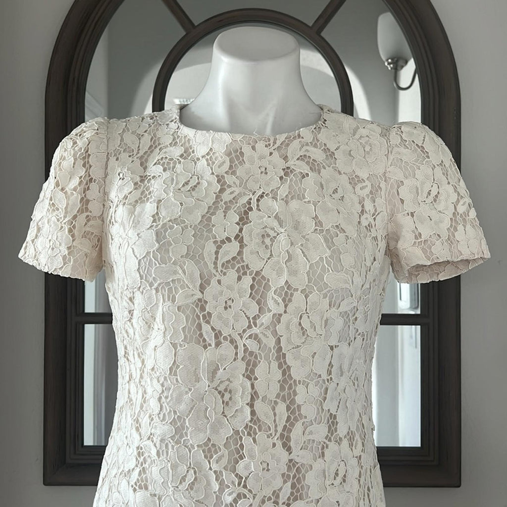 Lauren Ralph Lauren Puff-Sleeve Lace Cocktail Dress in Cream Size 10 NWT $225
