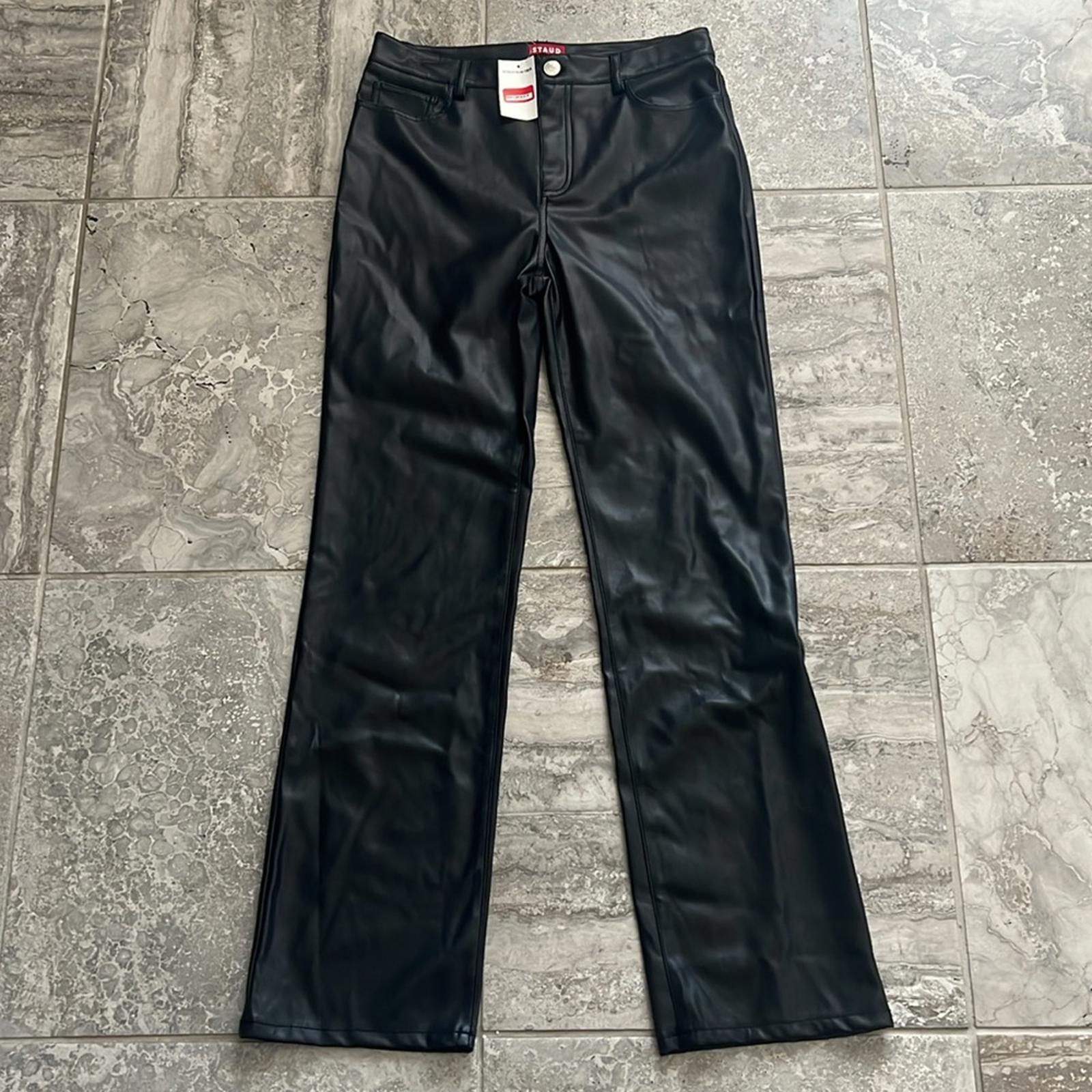 Staud Chisel Vegan Leather Straight-Leg Pants, Black High Waist Size 12 NEW $350