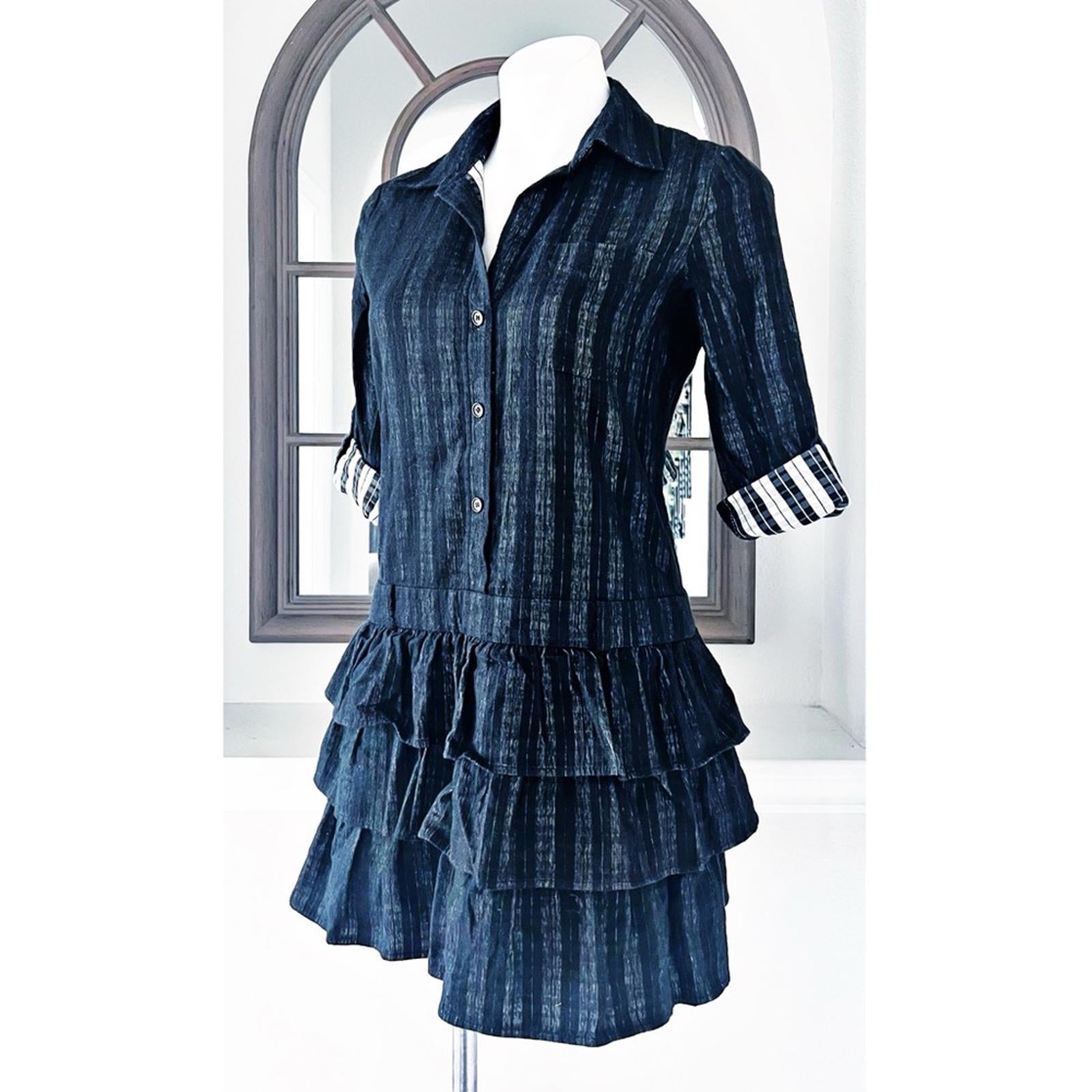Theory Cacey Black Plaid Tiered Dress in Black & White, Size 6 EXCELLENT $395