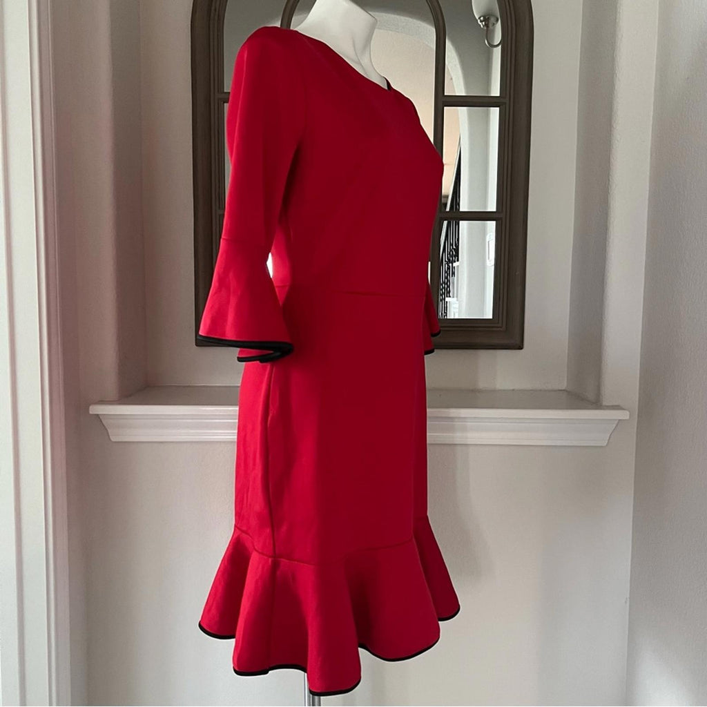 NY & Co Stretch Red Bell-Sleeve Dress w/Black Trim, Size M