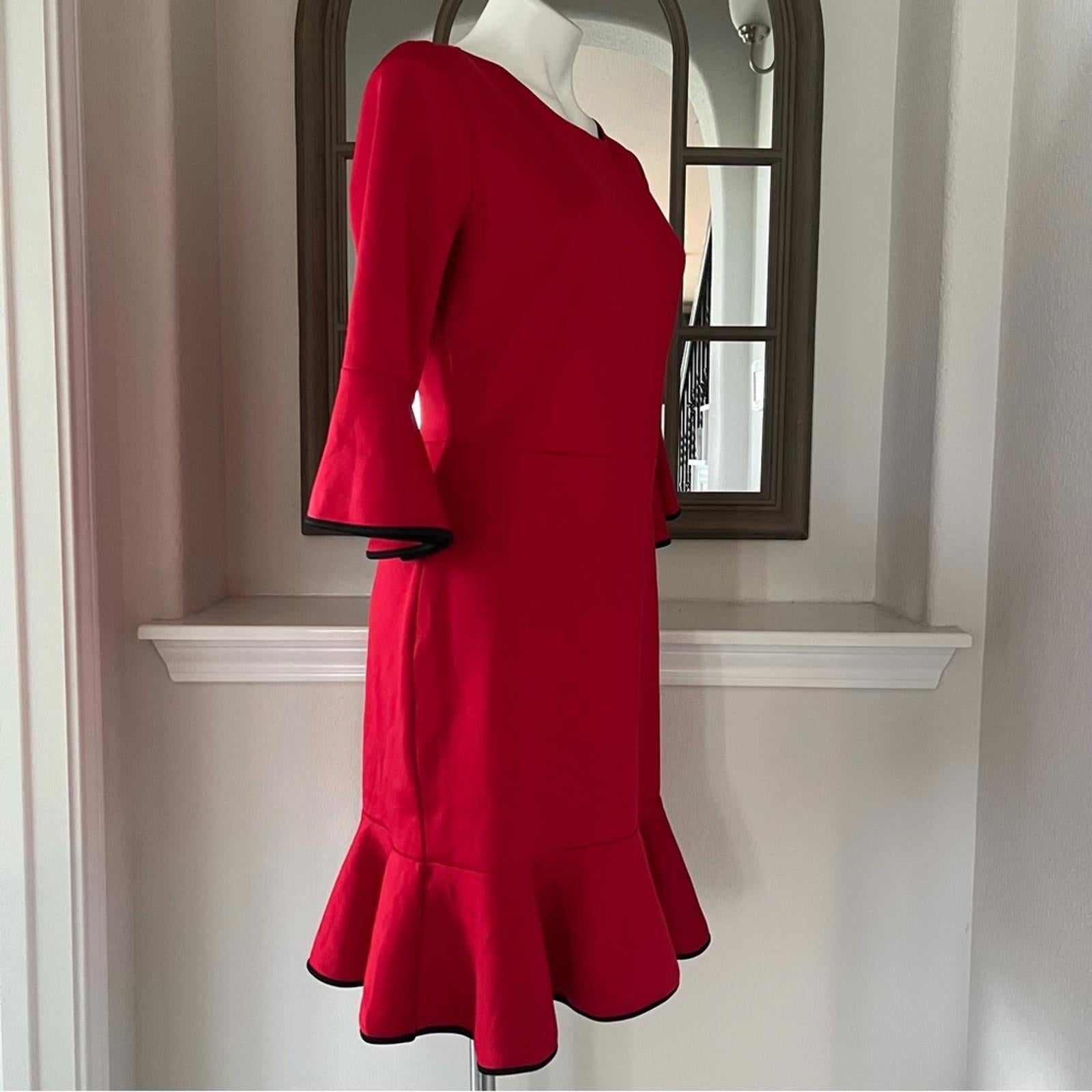 NY & Co Stretch Red Bell-Sleeve Dress w/Black Trim, Size M
