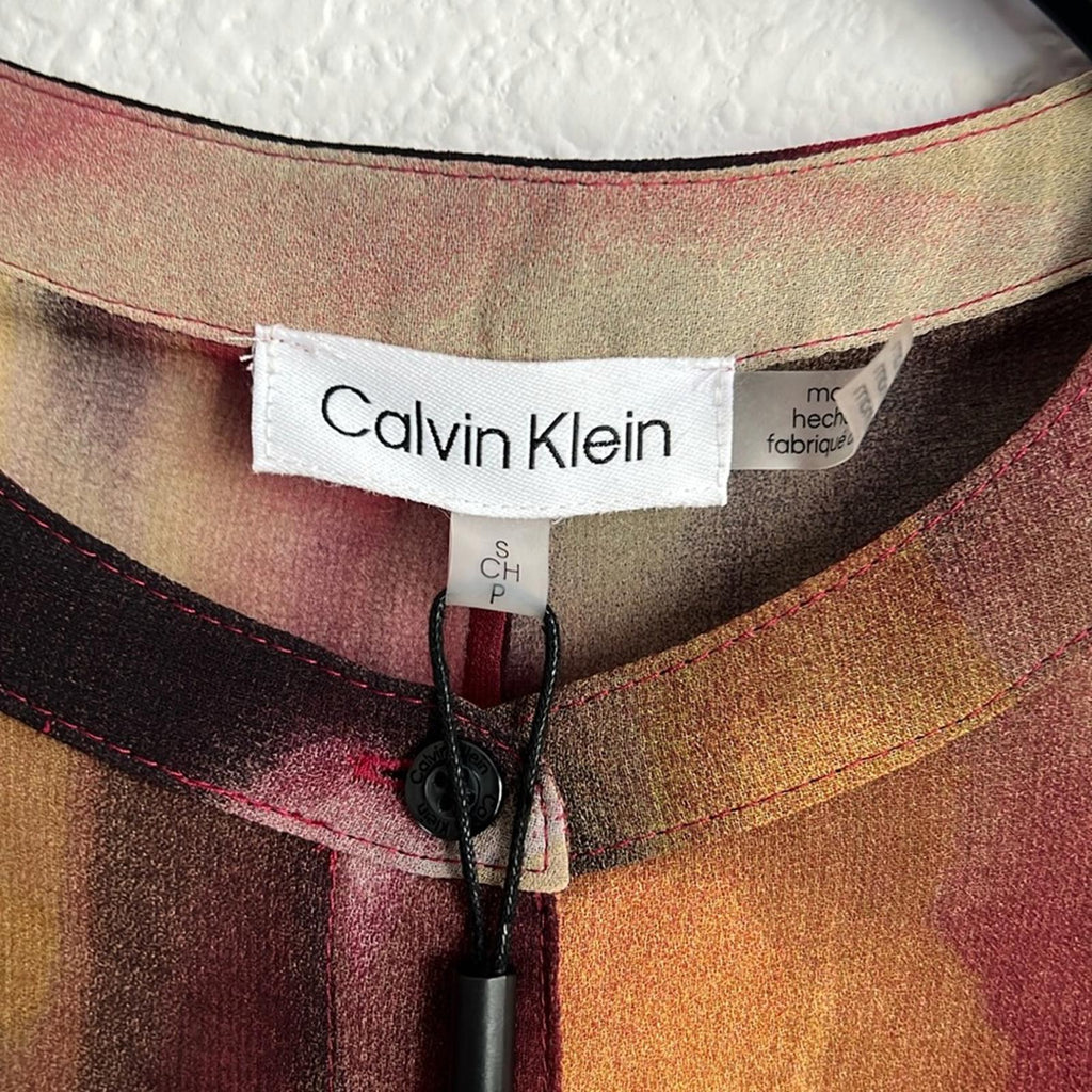 Calvin Klein Beige Ruched Waist Printed Tunic Button-Up Top, NWT, Size S