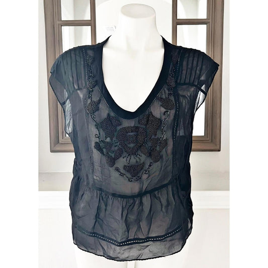 7 For All Mankind Black Sheer Blouse, 100% Silk Size M, New w/o Tag