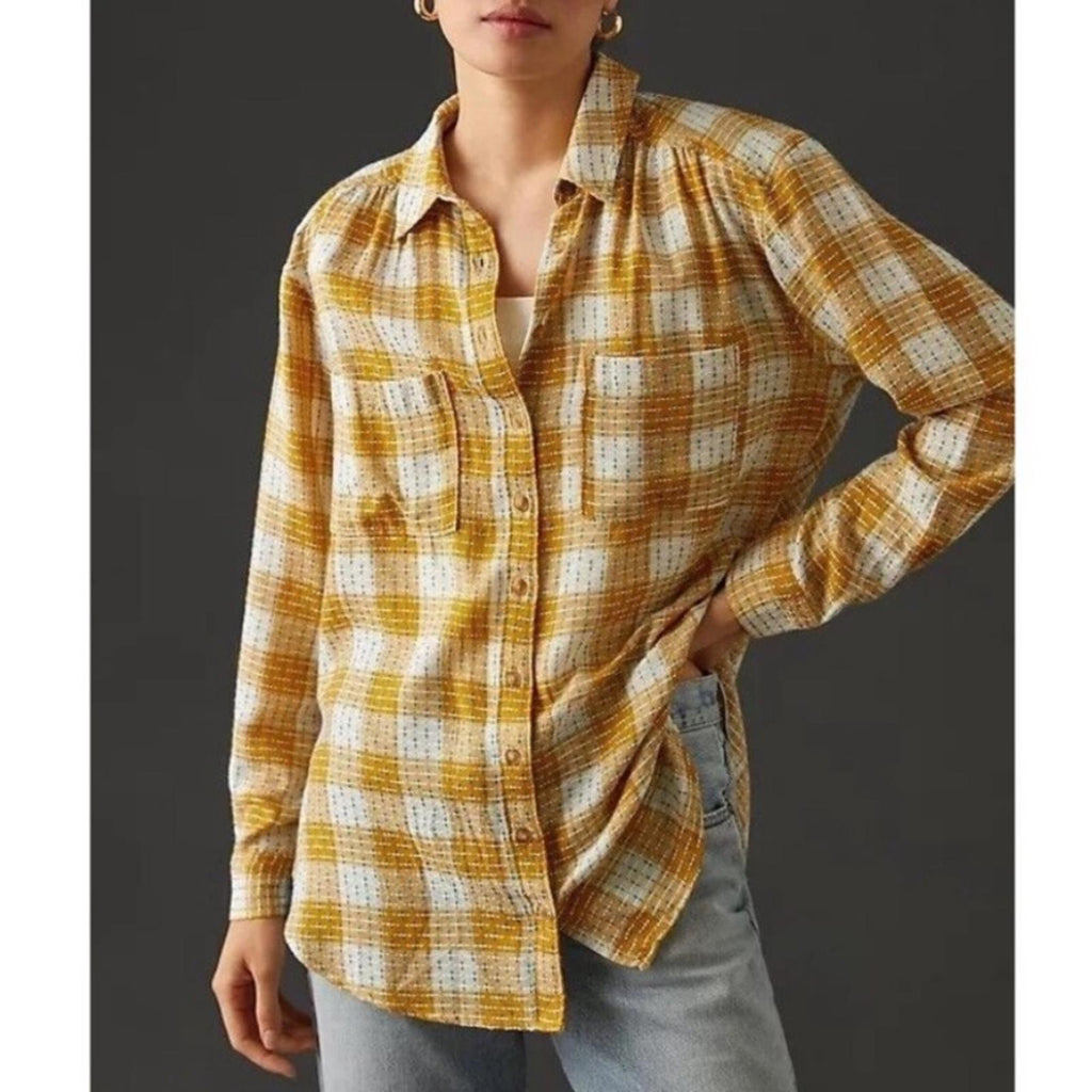 NEW Anthropologie’s Pilcro Yellow Motif Mustard Plaid Stitched Shirt Size XXS