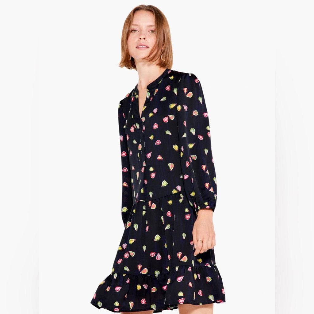 Nic+Zoe Tiered Long-Sleeve Dress w/Mandarin Collar, Black Multi, Size L NWT $188