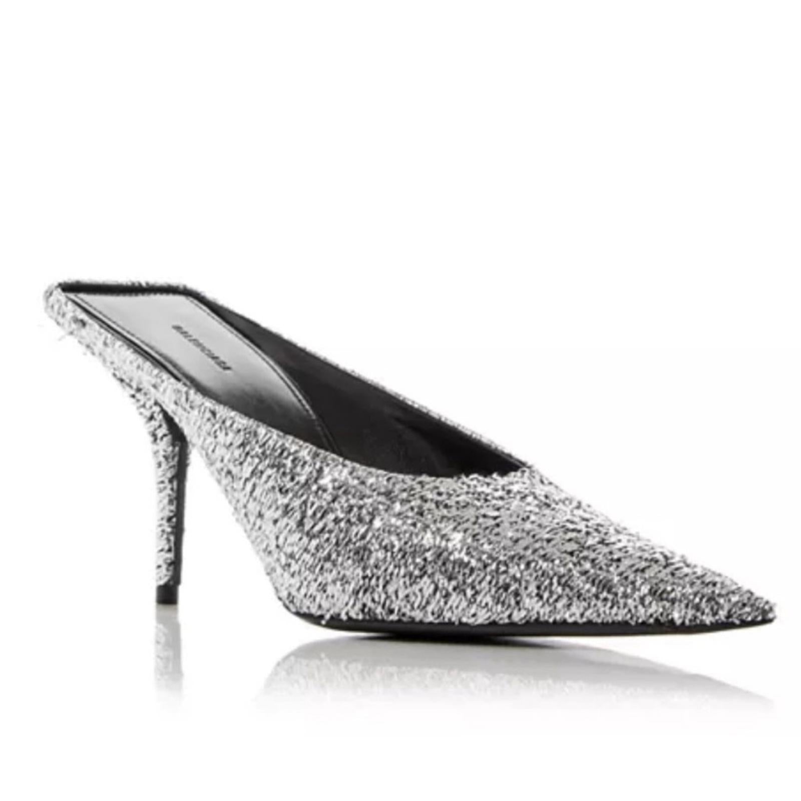 Balenciaga Knife Glitter High Heel Mules in Silver Titanium Size 37 New +DustBag