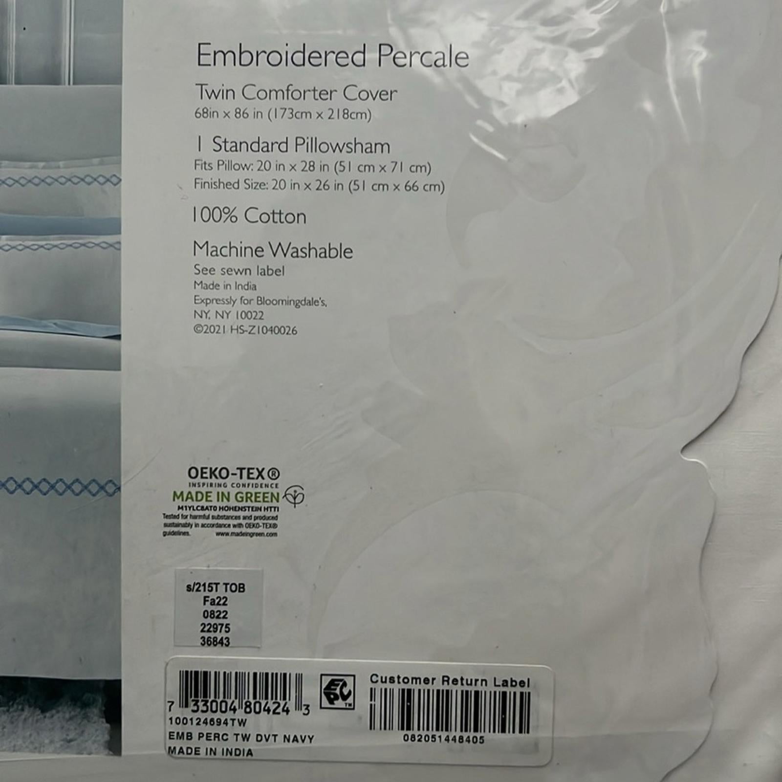 Sky NAVY Embroidered Percale Duvet Cover and Sham Set, Twin New w/Tag