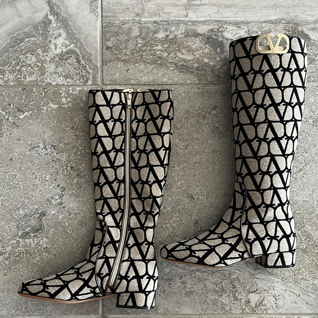 Valentino Garavani Toile Iconographe V-Logo Knee-High Boots, Size 37 +Box NEW