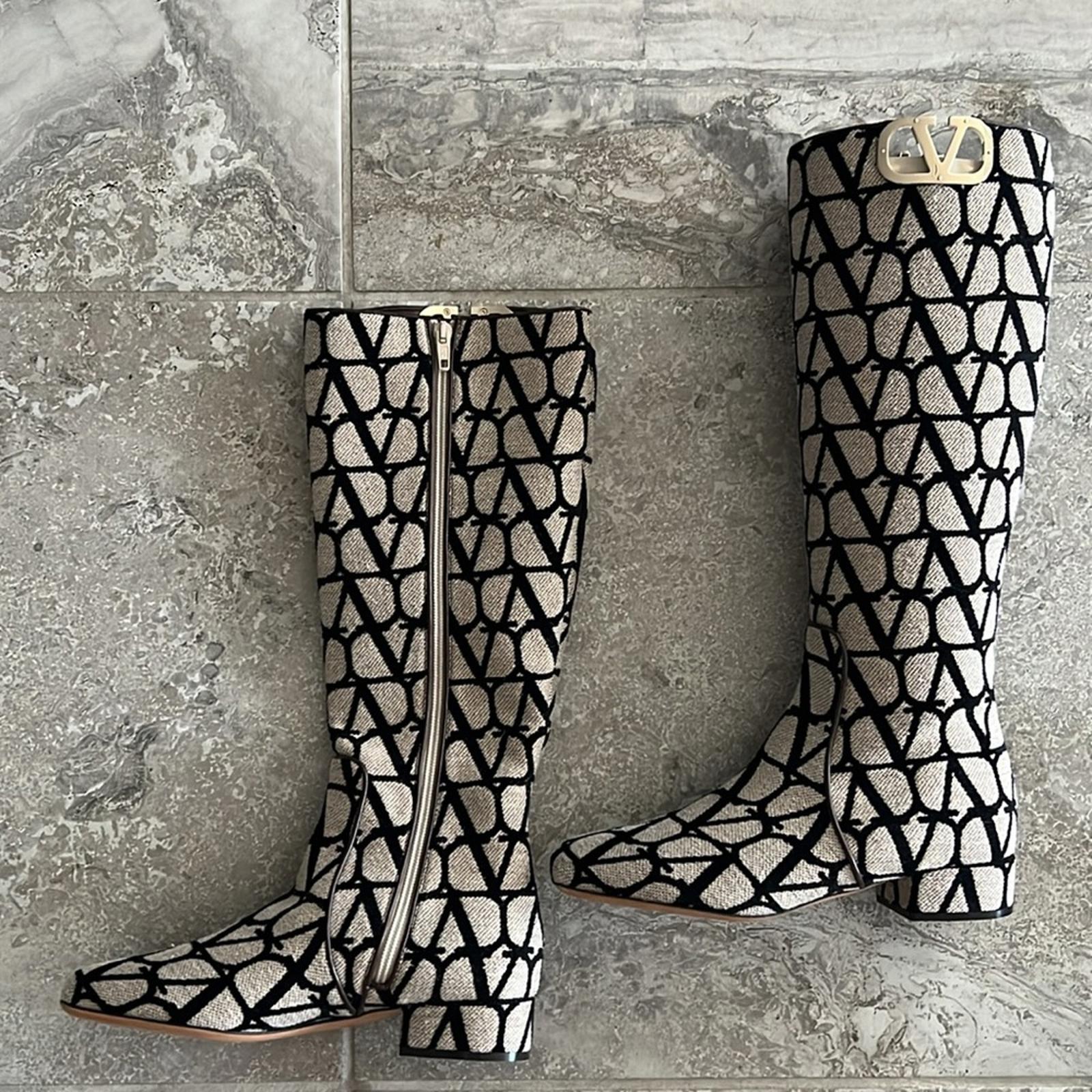 Valentino Garavani Toile Iconographe V-Logo Knee-High Boots, Size 37 +Box NEW