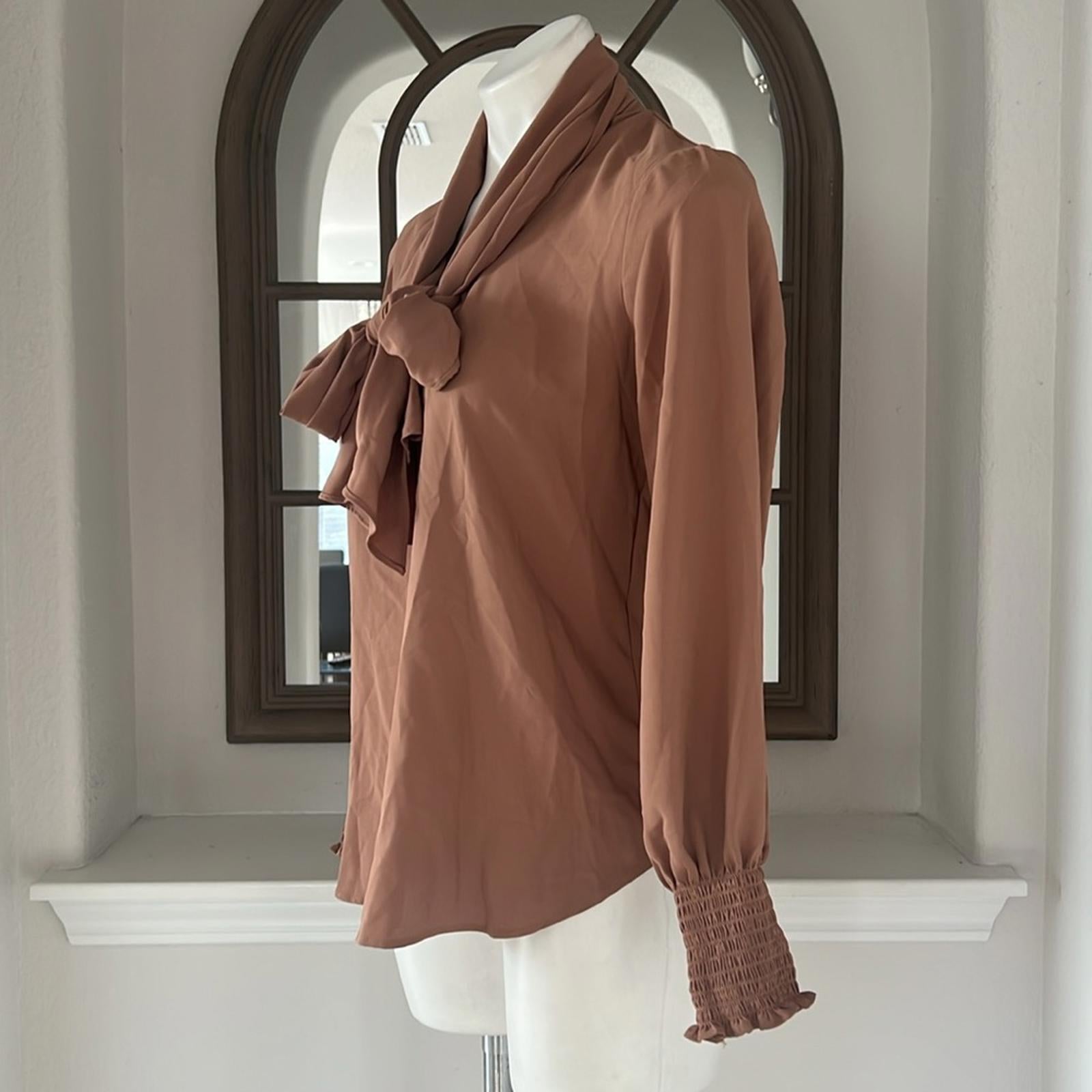 Anne Klein Blouson-Sleeve Tie-Neck Top in Brown, Size S New w/Tag, Retail $99
