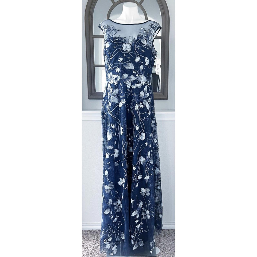 Teri Jon Embroidered Mesh Gown in Navy/Silver, NWT, Size 16