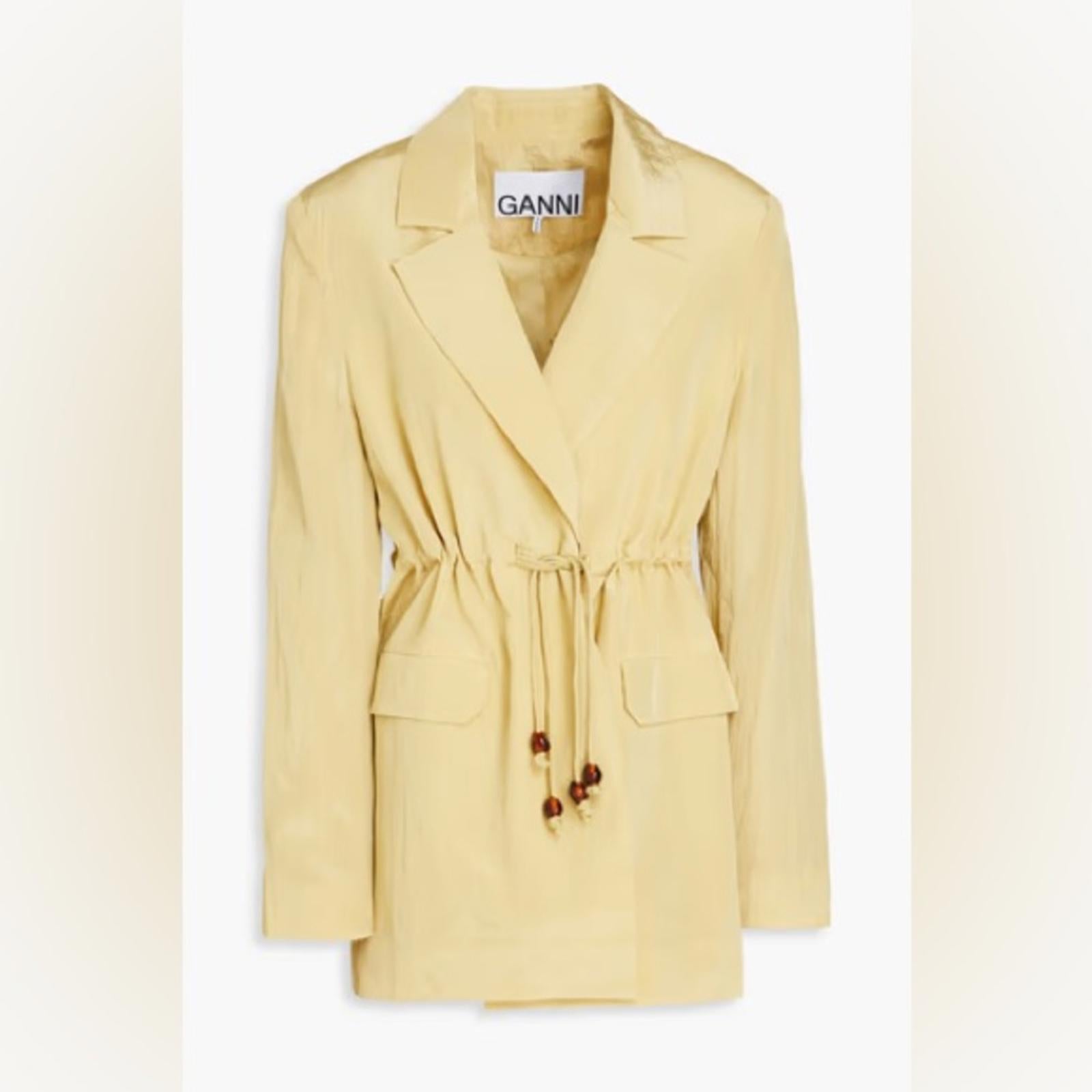 Ganni Bead-Embellished Crinkled Shell Shiny Blazer, Leek Green, Size 46 New wTag