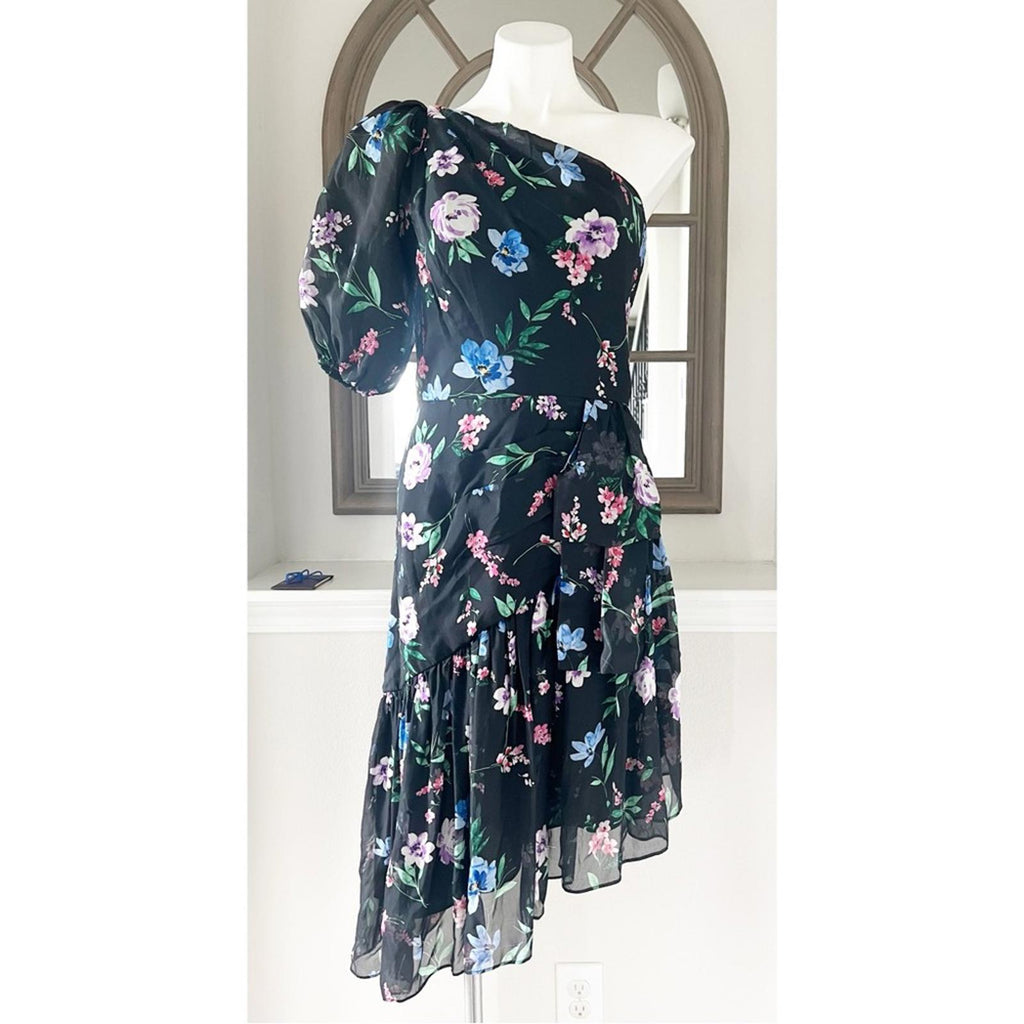 Shoshanna Midnight Gia One Shoulder Silk Floral Dress, Black Size 8 Retail $595
