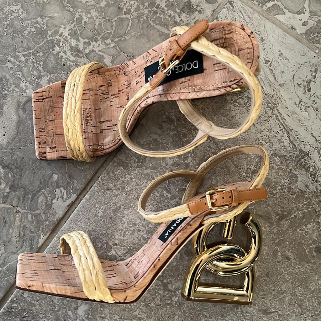 Dolce & Gabbana Logo Heel Ankle Strap Sandals in Gold Tan, New in Box