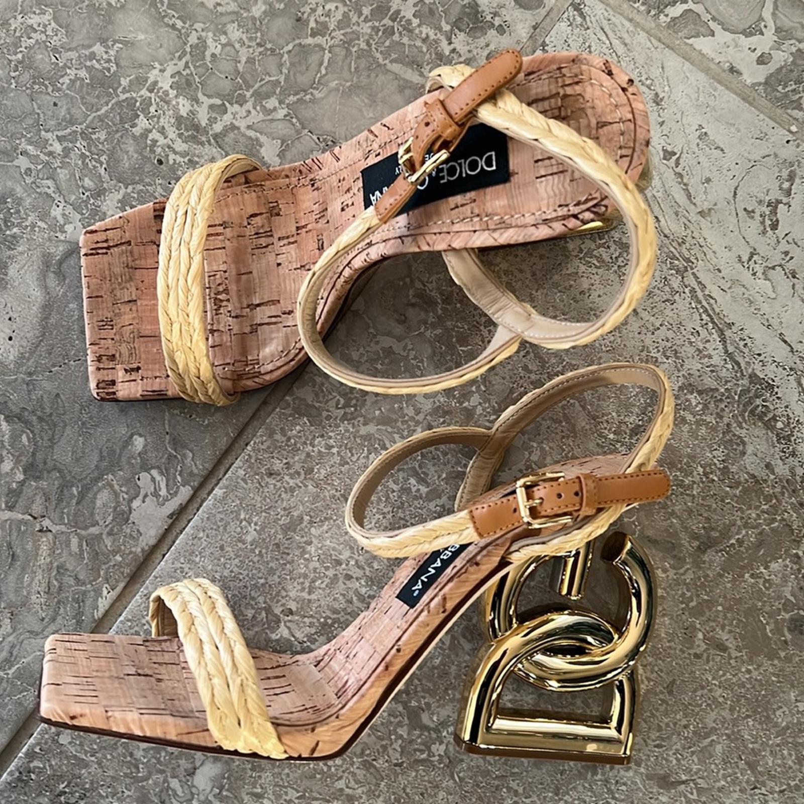 Dolce & Gabbana Logo Heel Ankle Strap Sandals in Gold Tan, New in Box