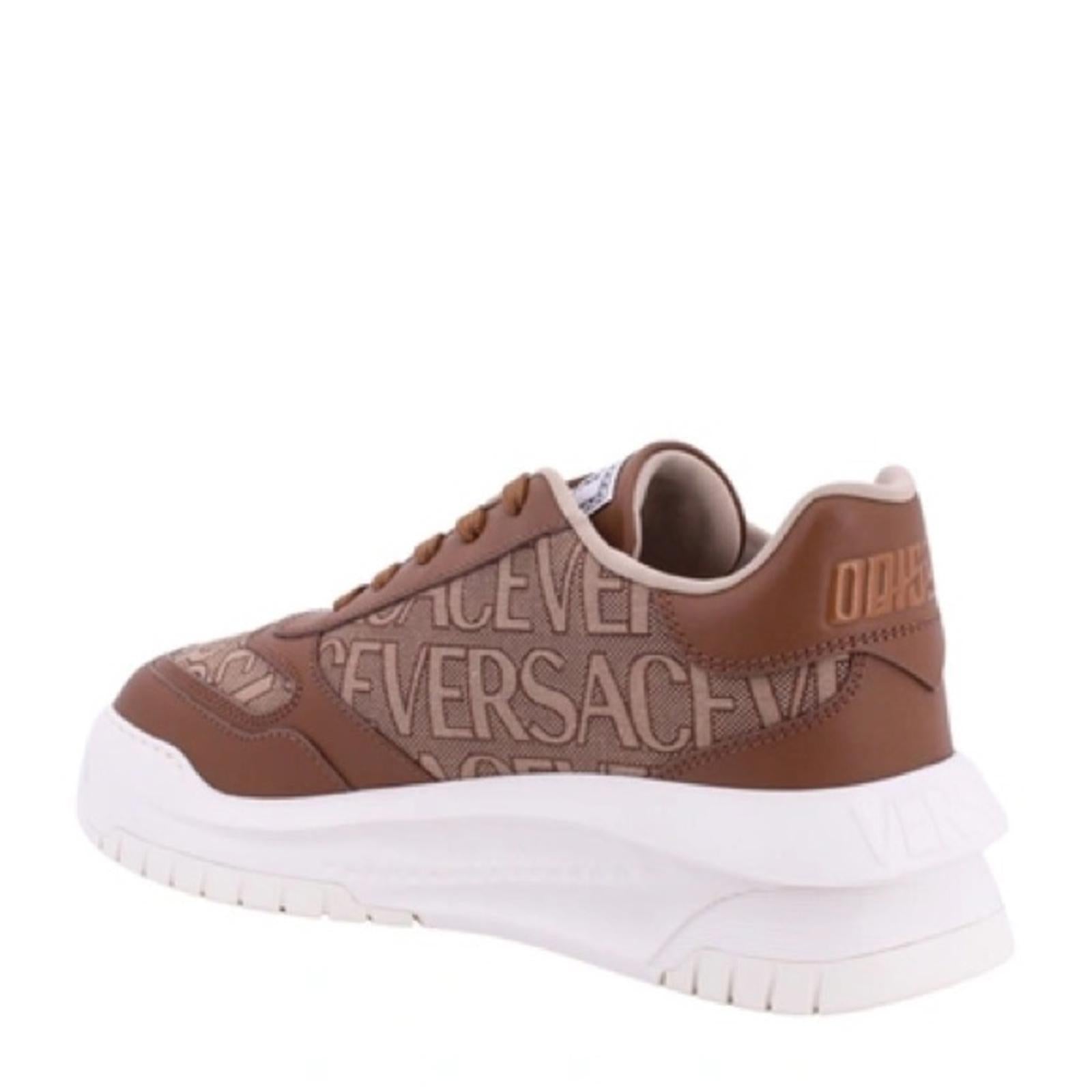 Versace AllOver Logo Odissea Low-Top Men’s Sneakers, Beige/Brown, NEW, Size 42.5