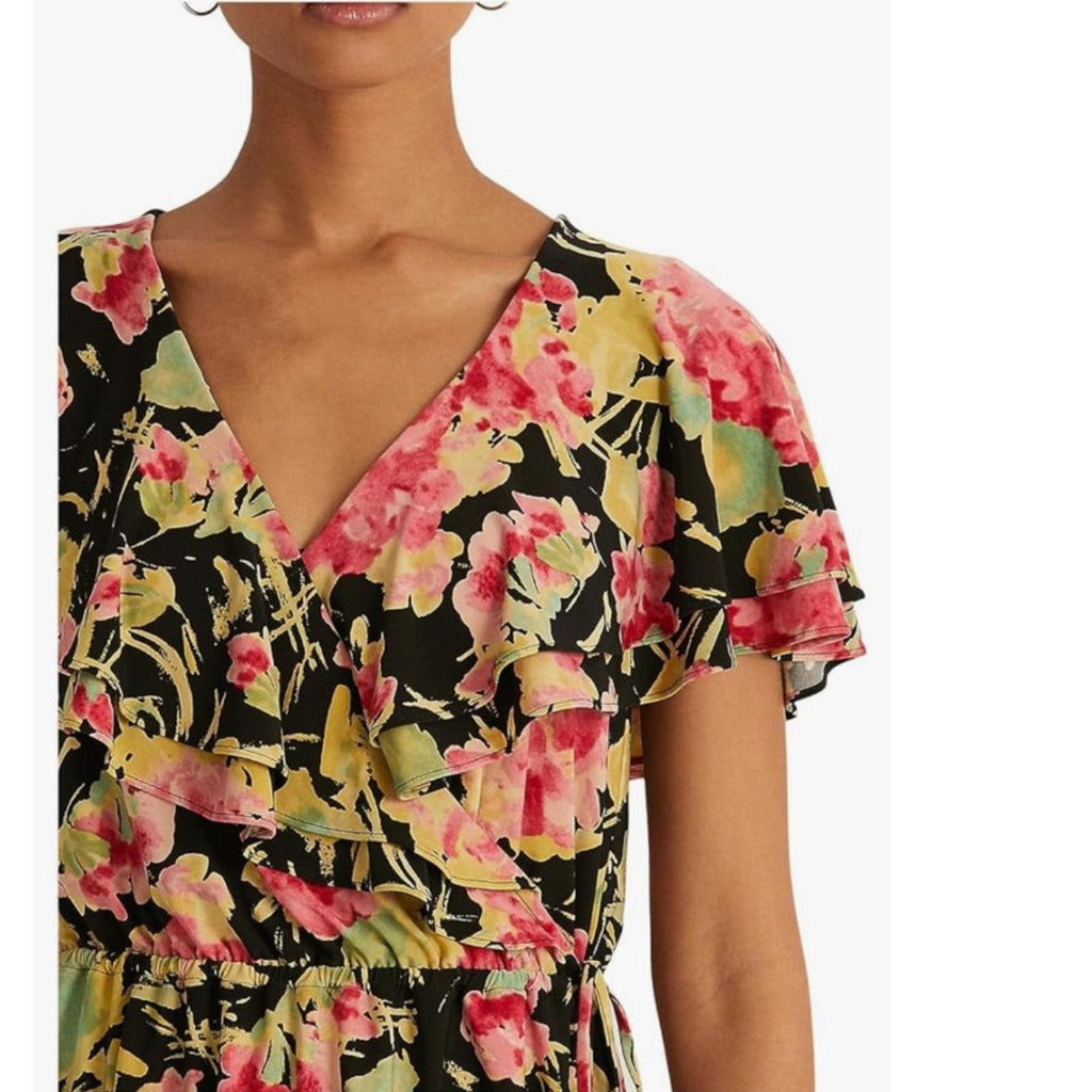 Ralph Lauren Floral Ruffle Trim Surplice Jersey Top in Black, NWT, Size L