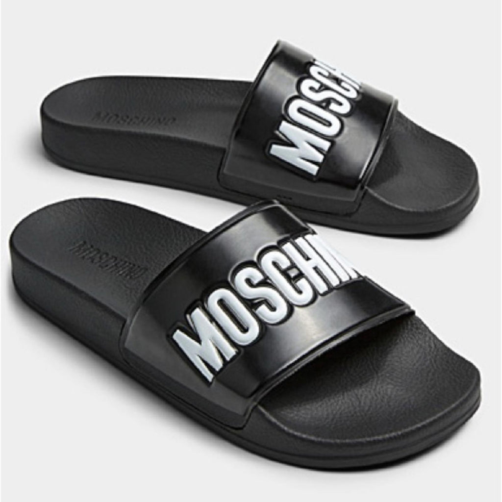 Moschino Logo-Print Slides in Black Size 35 New in Box w/DustBag