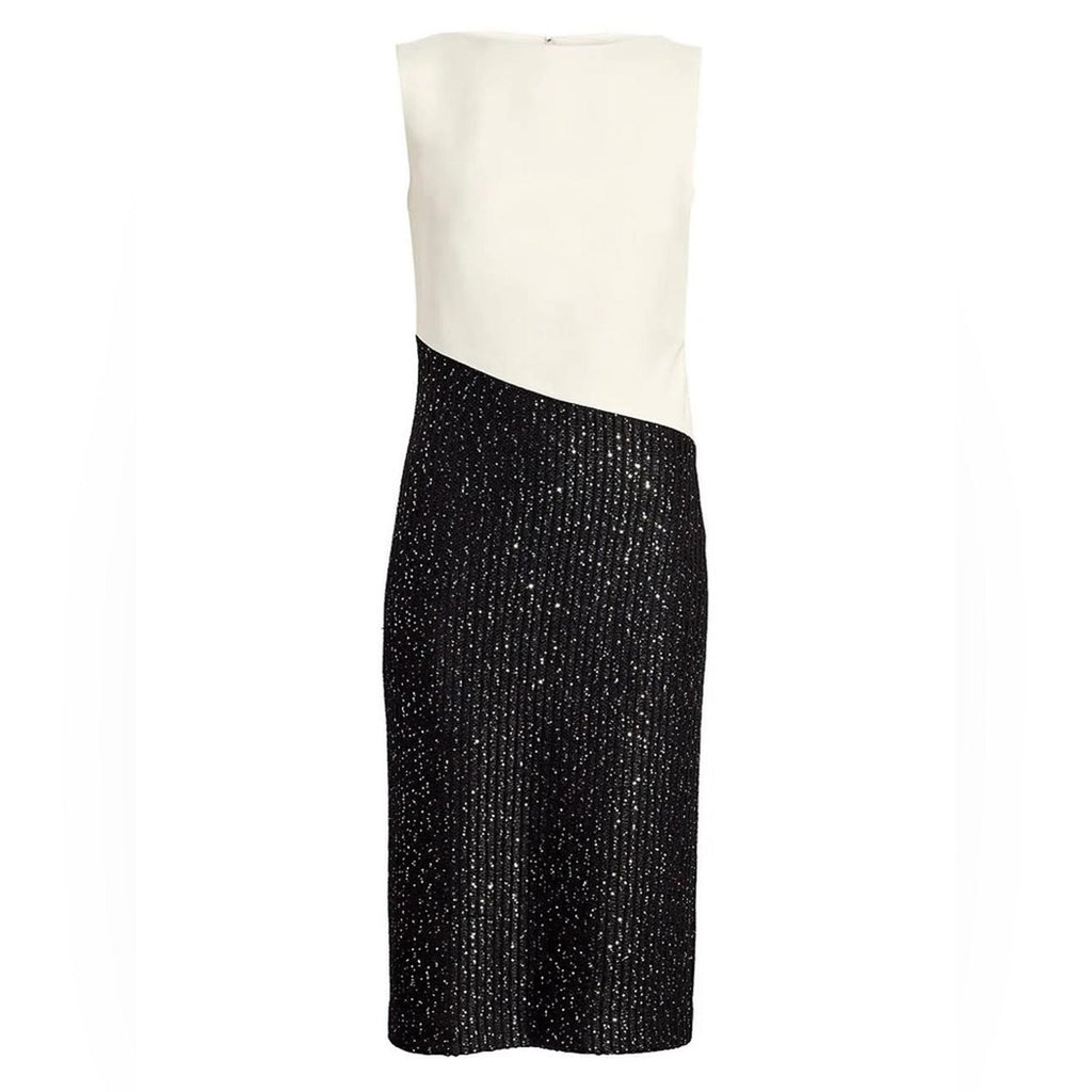 St. John Colorblock Tuxedo Bodice Dress w/Sequin Ribbed Knit, Size 10 NWT $1395