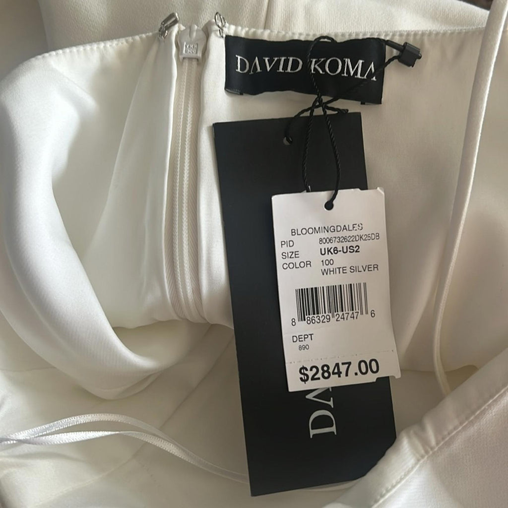 David Koma STRAPLESS Glass Embellished Crystal Trim Dress in White, Size 2 NWT