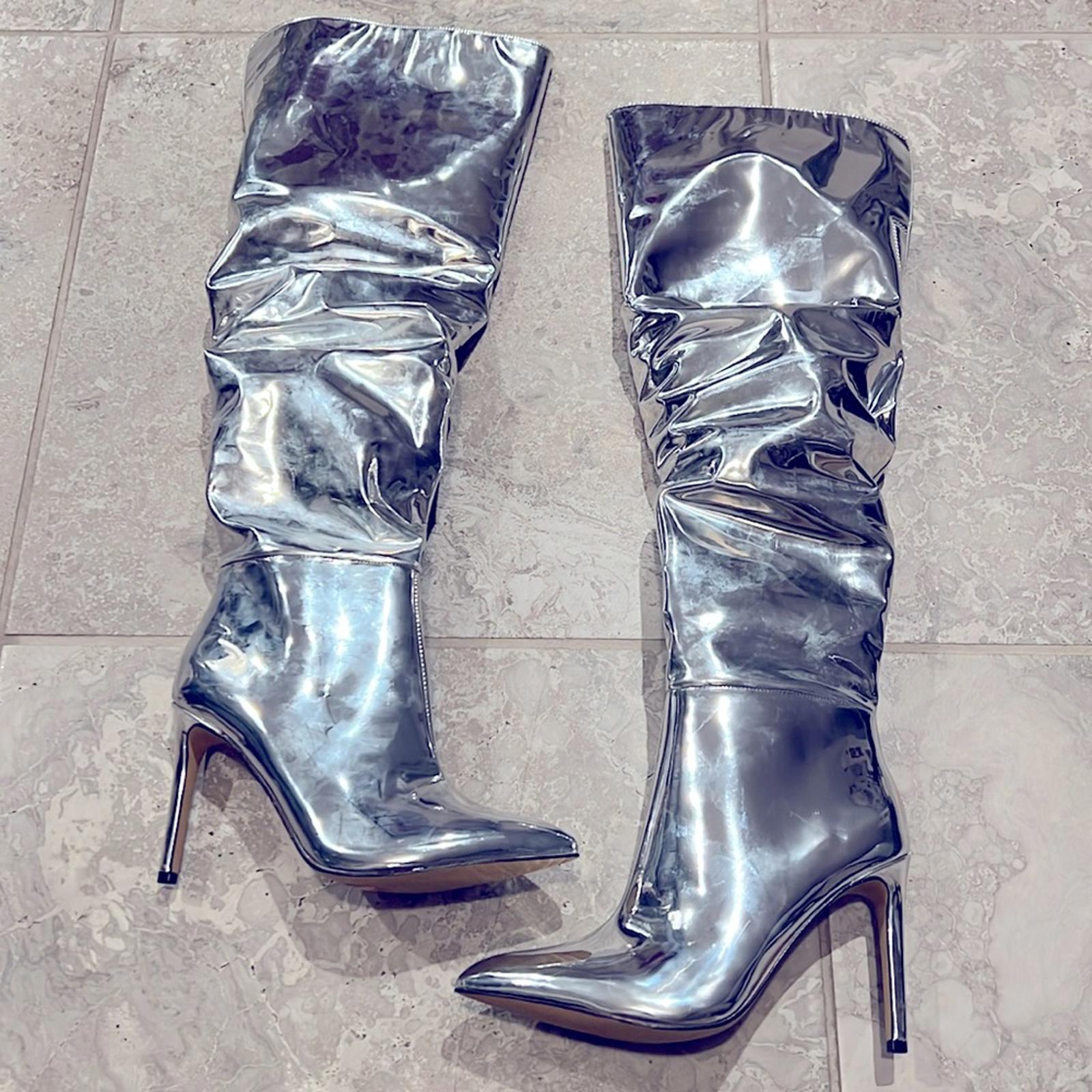 I.N.C. Iyonna Over-The-Knee Slouch Boots in Patent Silver Size 6/36.5 NEW $169.5