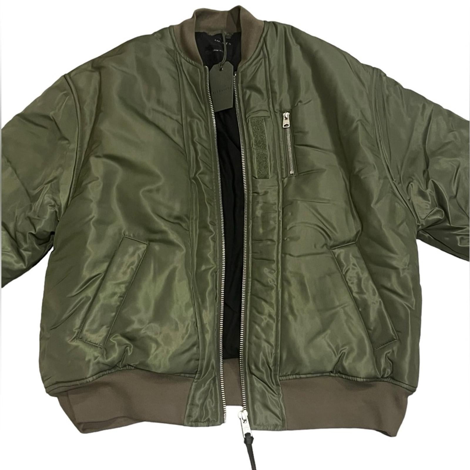 All Saints Scout Ruched Bomber Jacket in Khaki Green, Size L New w/Tag