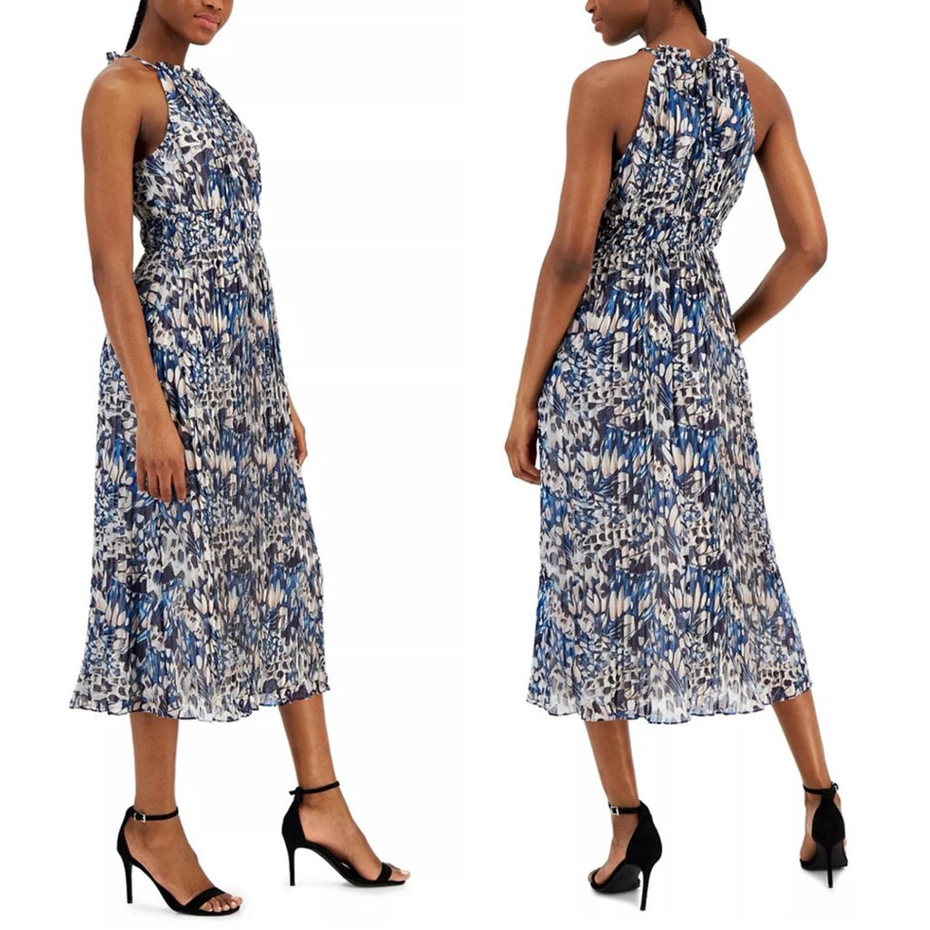 NWT Anne Klein Pleated Midi Halter Dress, Tropical Blue, Size 10 Retail $129