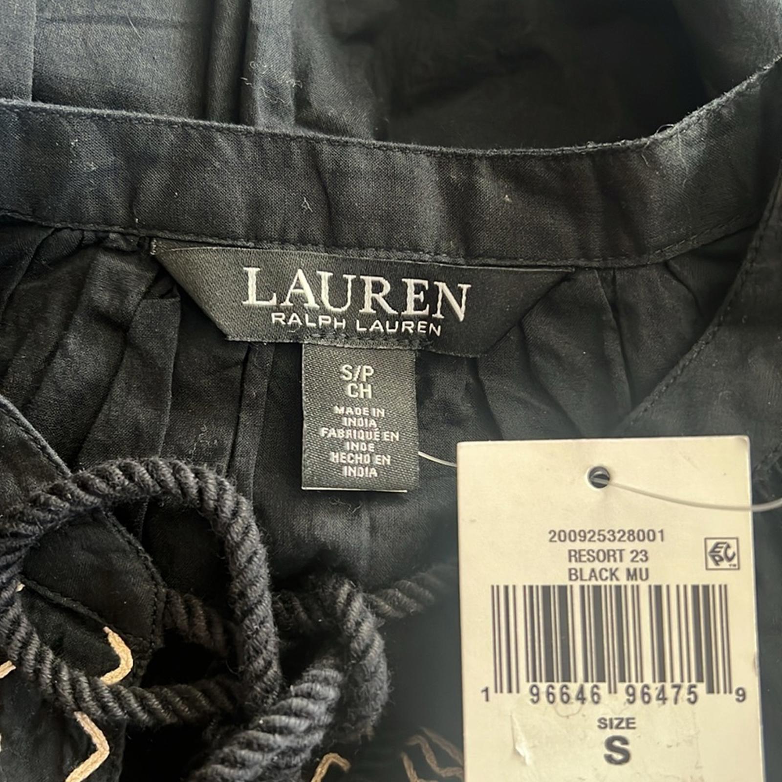Lauren Ralph Lauren V-Neck Bishop Sleeves Pullover Top in Black Size S NWT