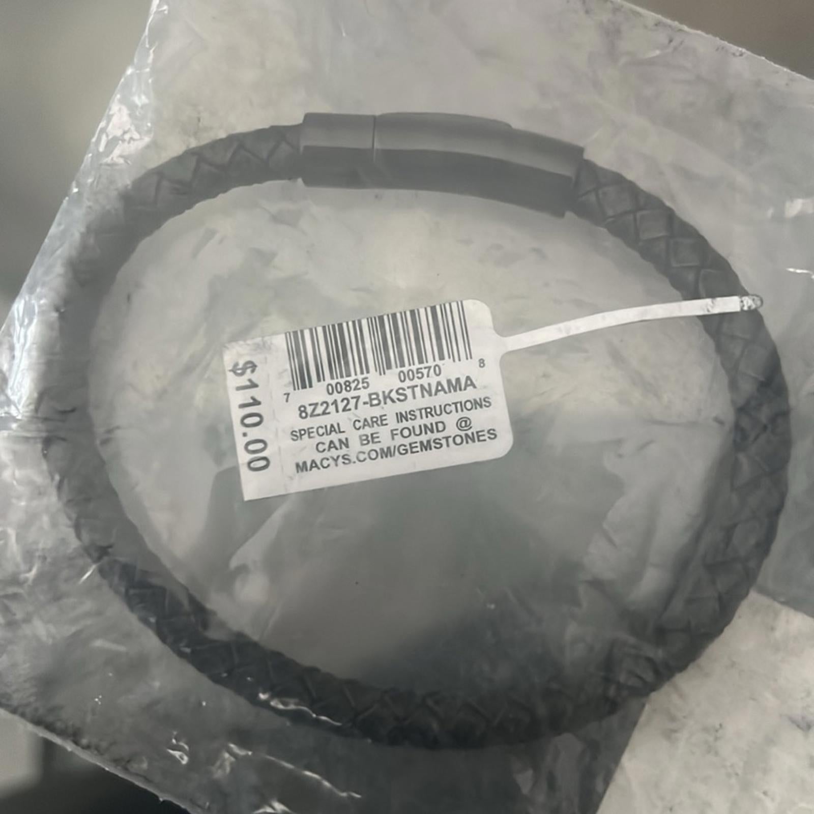 Macy’s Black Leather Bangle Bracelet in Stainless Steel New w/Tag Retail $110