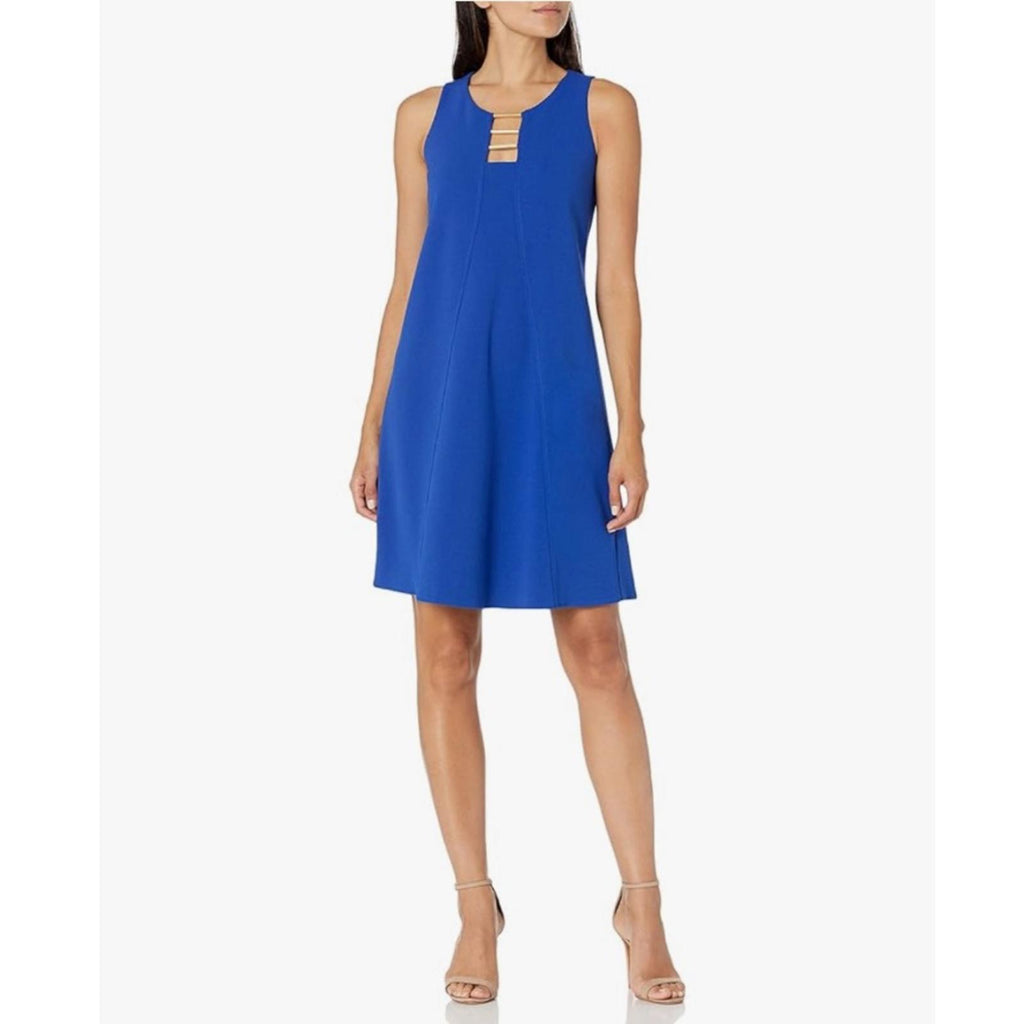 Nine West Cool Crepe Cut Out Neck Trapeze Dress in Blue, NWT, Size 4