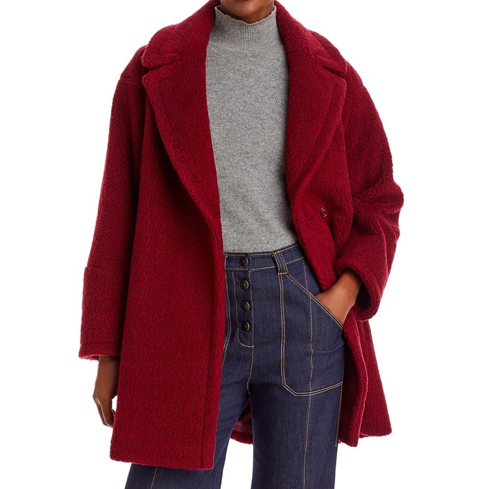 ICONS Cinzia Rocca Wool Teddy Pea Coat in Red, Size 10 NWT $1,005 Made in Italy