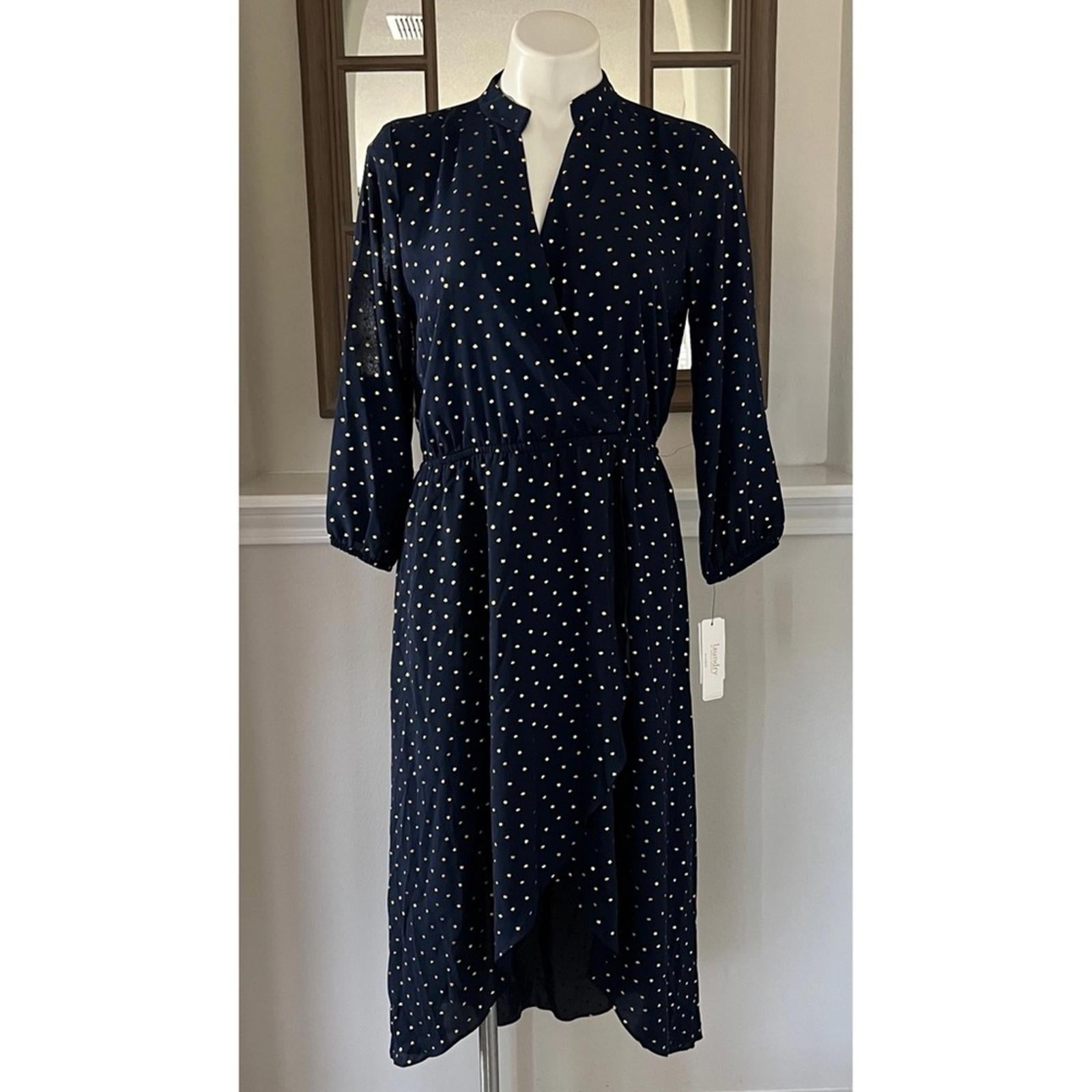 Laundry Faux Wrap Hi-Low Hem Maxi Dress in Navy/Gold Stars, NWT