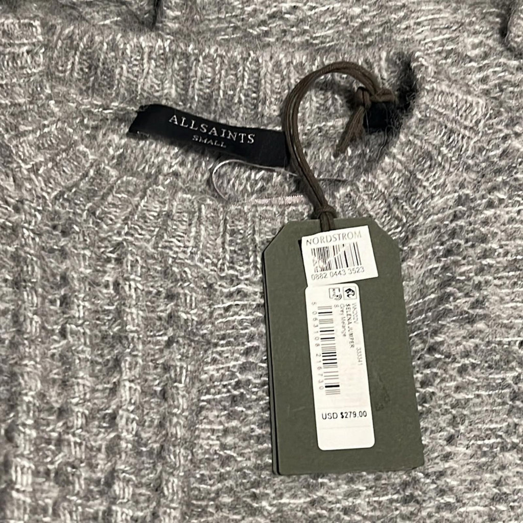 All Saints Selena Asymmetric Sweater, Alpaca Wool, Grey Melange Size S New w/Tag