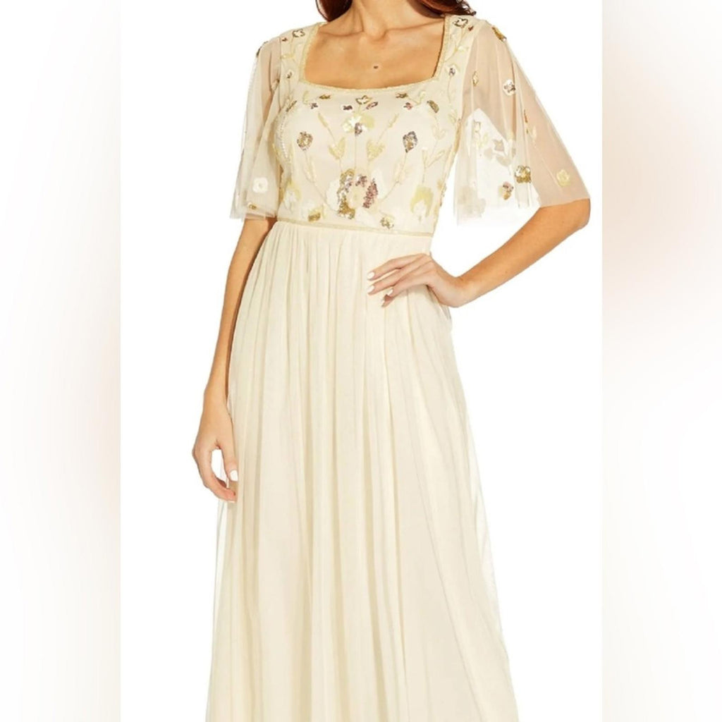 NWT Adrianna Papell Beaded Long Dress, Sand Shell Size 8 New w/Tag Retail $279