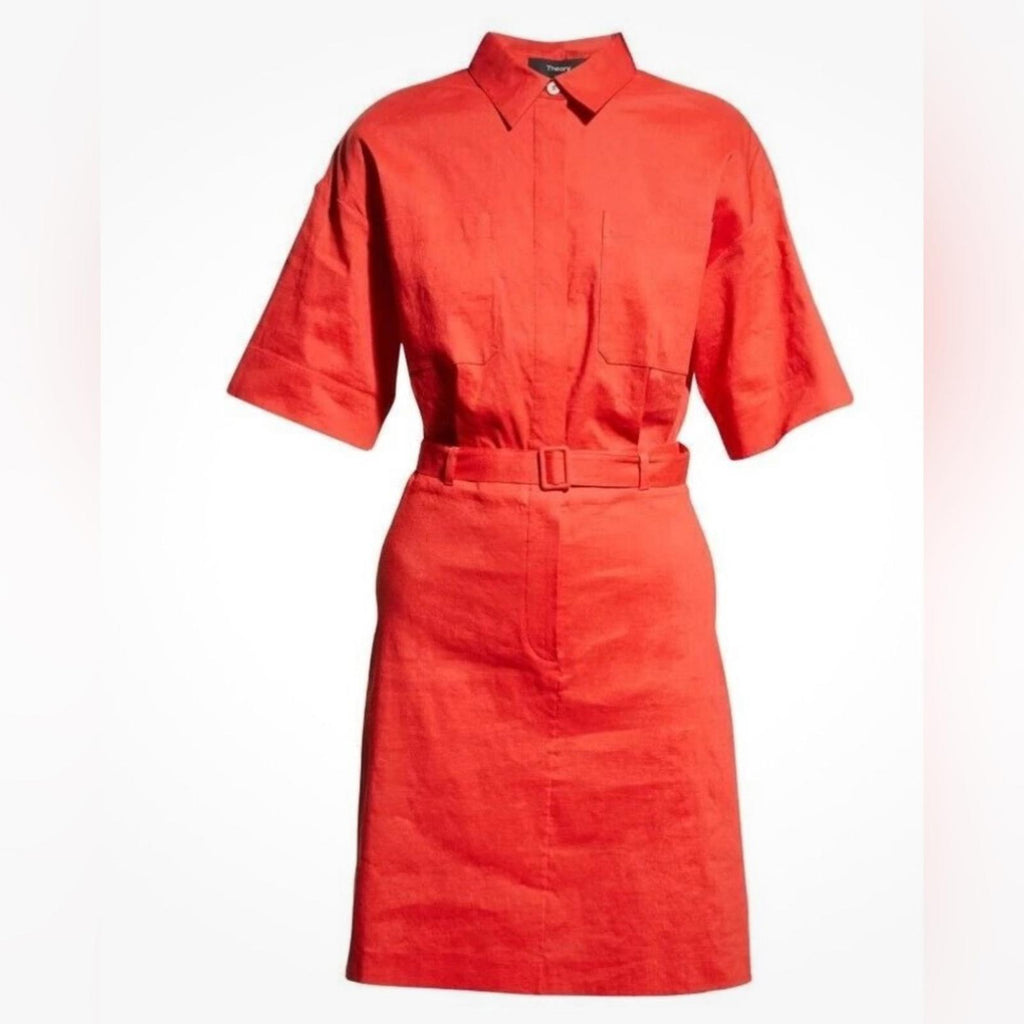 Theory Linen-Blend Eco Crunch Belted Casual Shirt Dress Poppy Red, NWT, Size 4