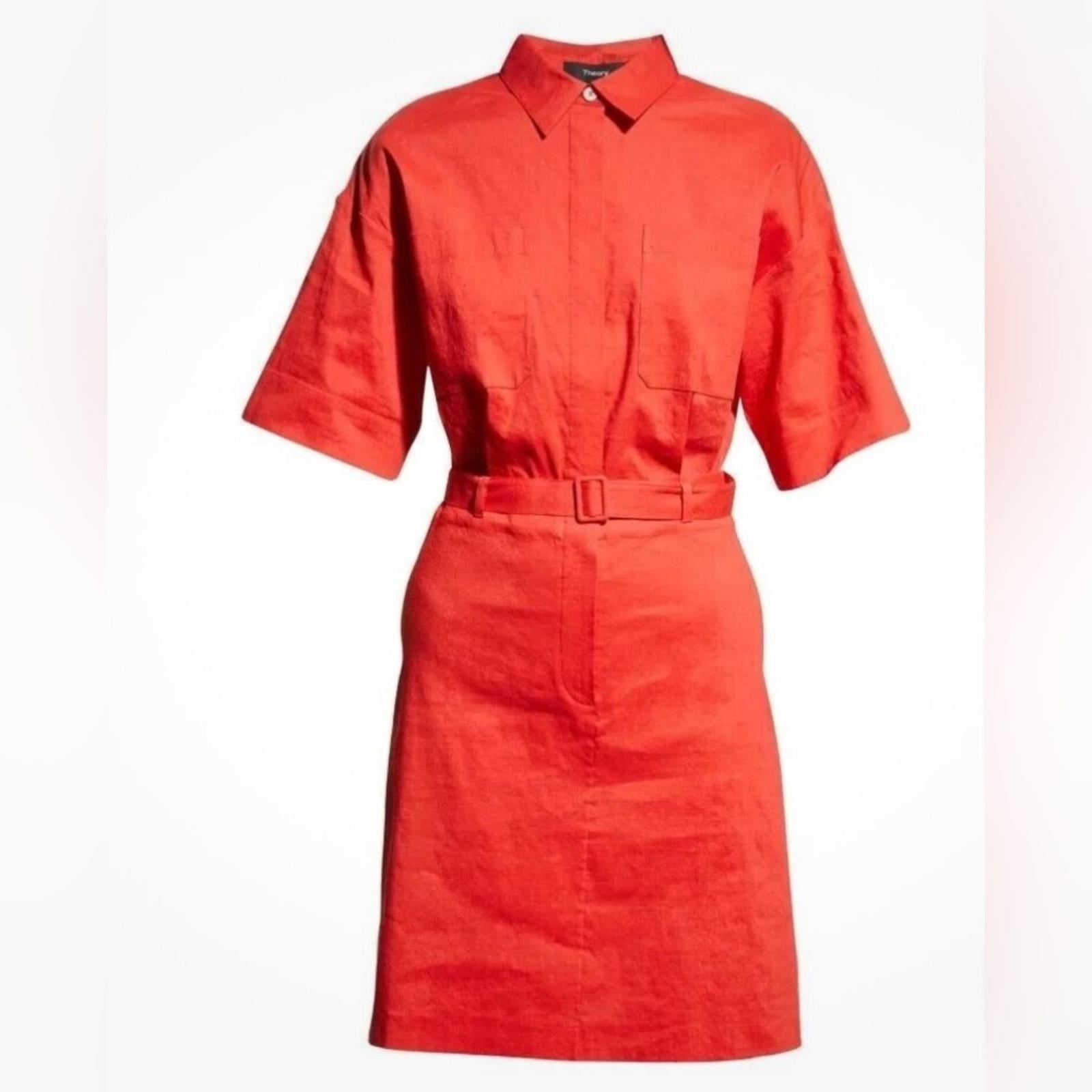 Theory Linen-Blend Eco Crunch Belted Casual Shirt Dress Poppy Red, NWT, Size 4