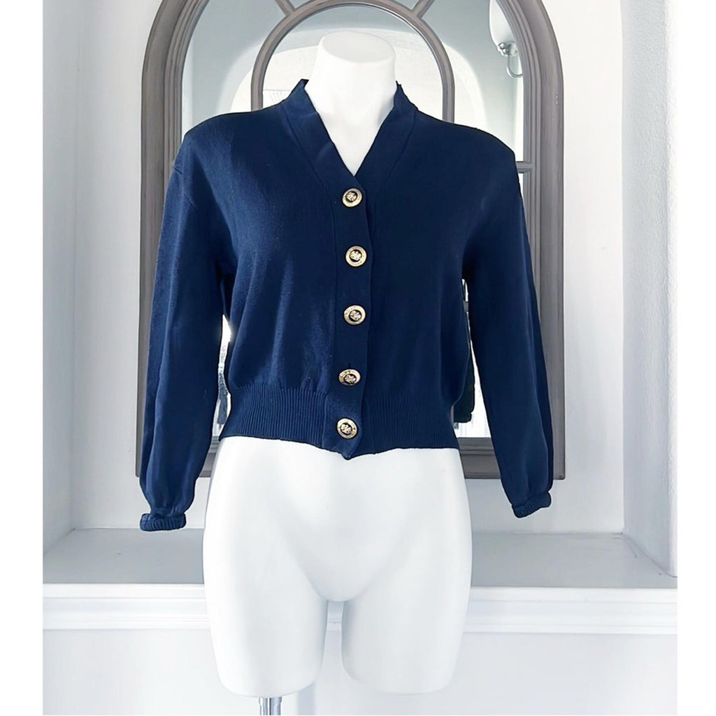 St. John Navy Knit Cardigan w/Signature Branded Buttons, Size S EXCELLENT!