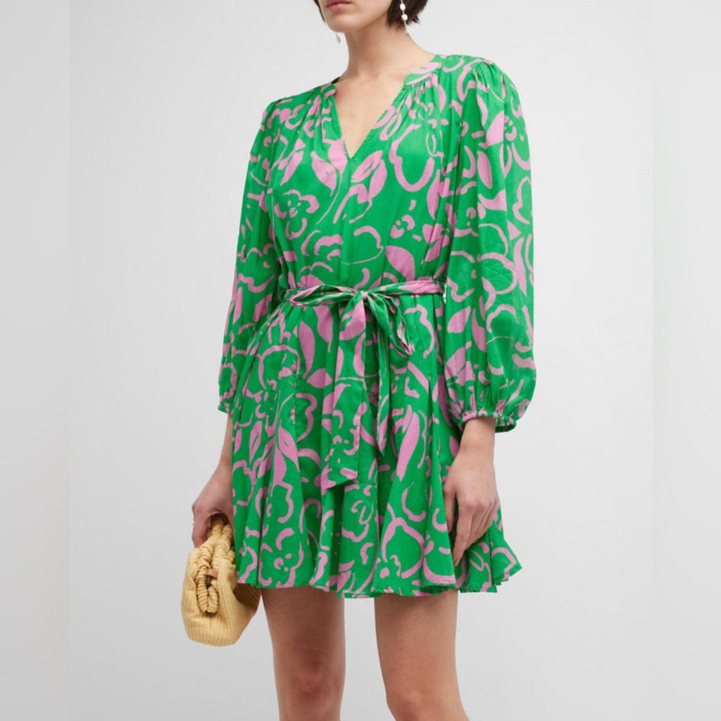 Velvet Kiki Short Tie-Belt Printed Cotton Dress in Green/Link, Size XS NWT