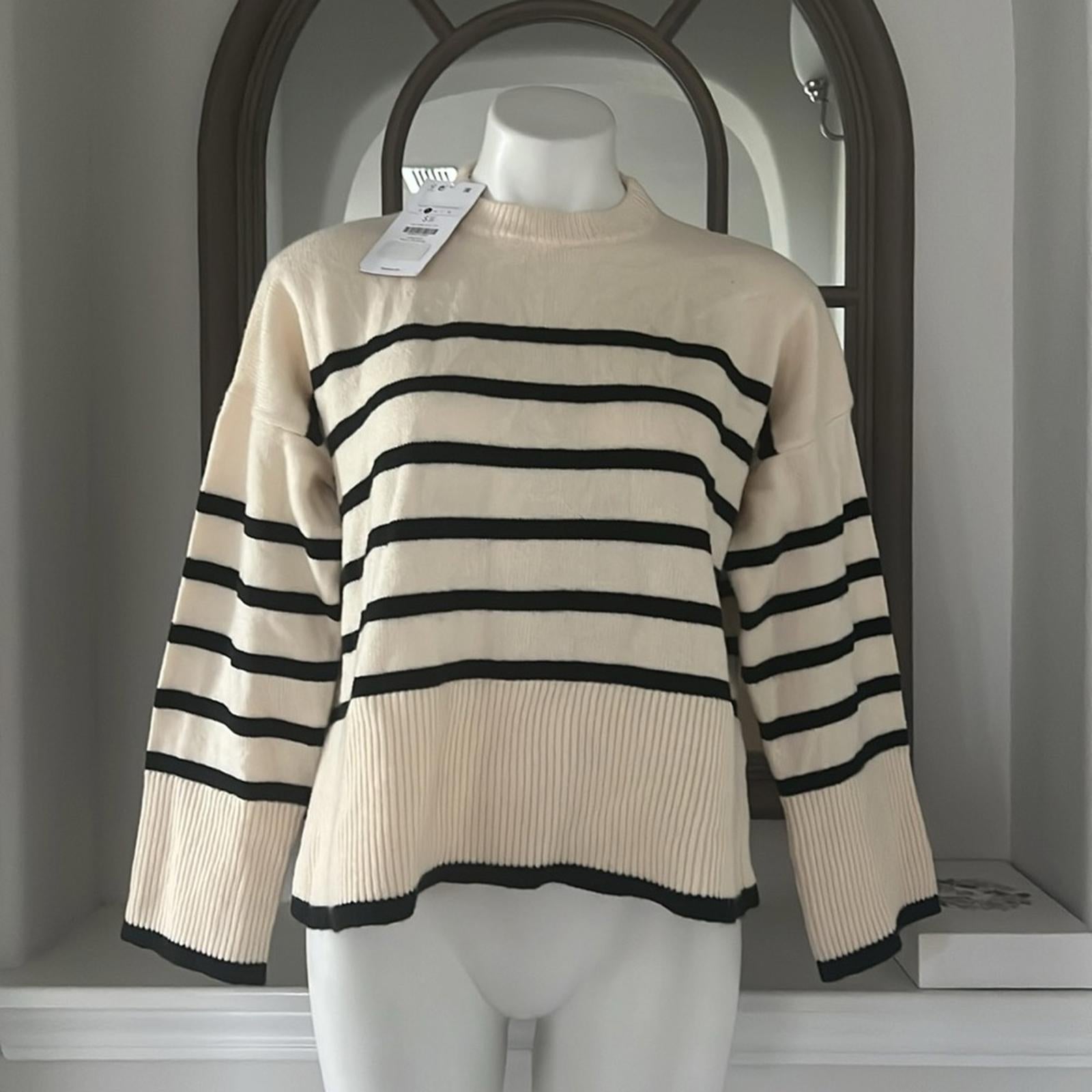 Bershka Roll Neck Sweater in Ecru & Black Stripe Sweater, Size S New w/Tag