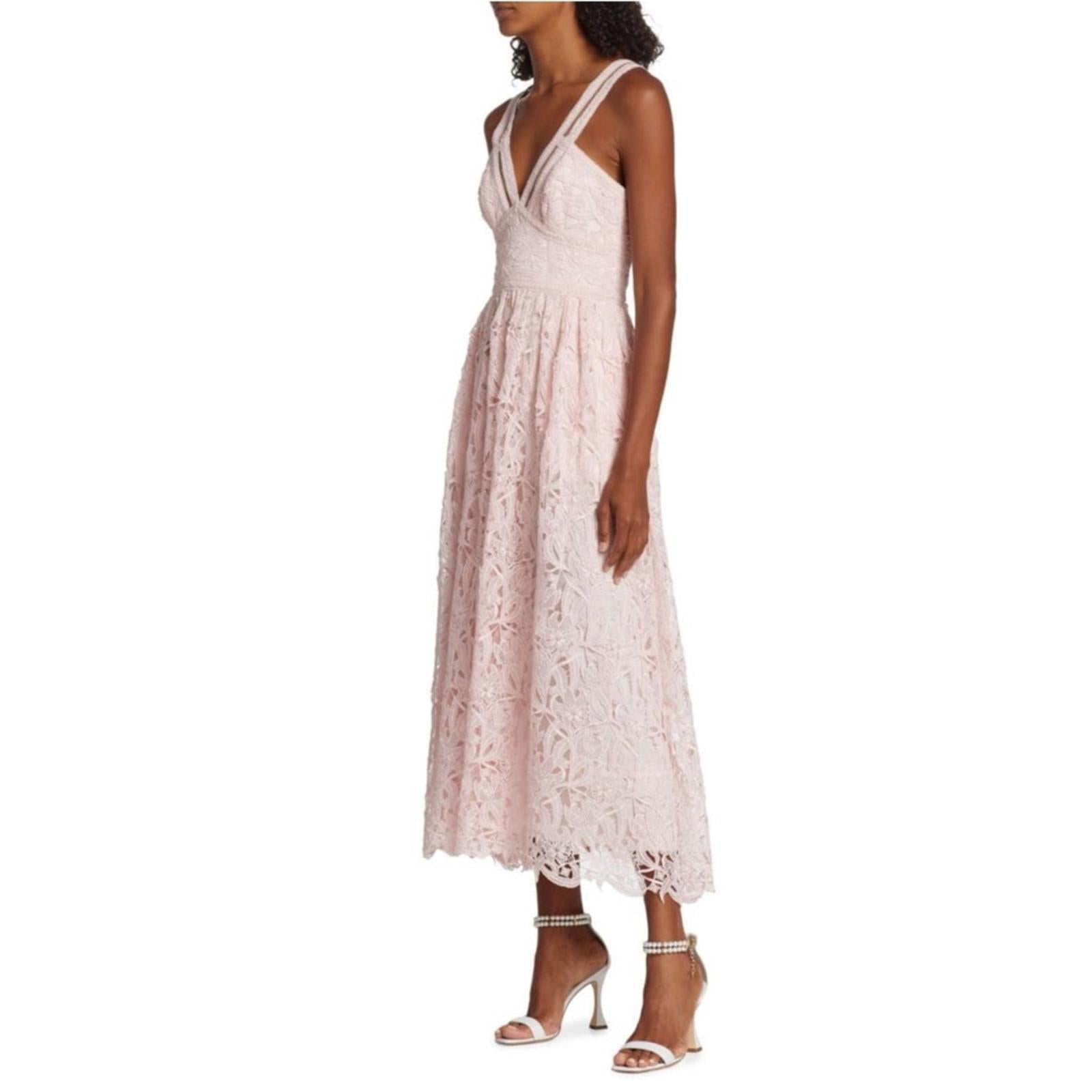 ML Monique Lhuillier Lace Halter Midi Dress in Rose Quartz NWT, Size 10