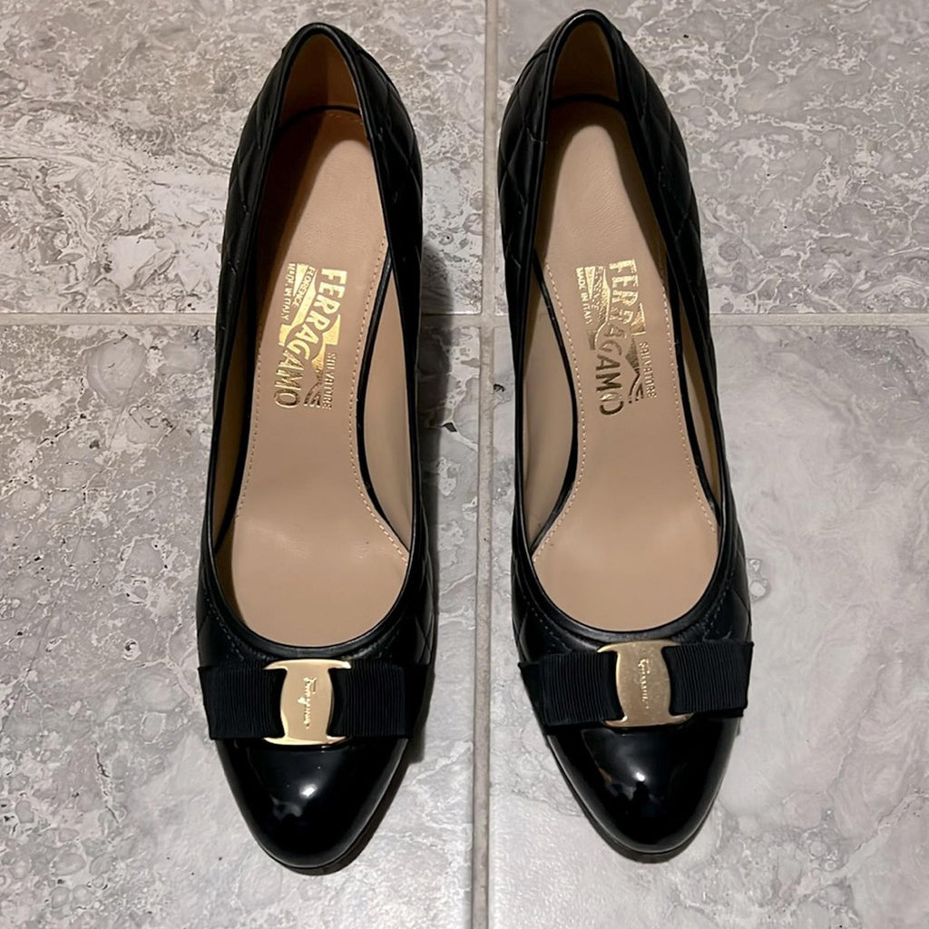 Ferragamo Carla Quilted Leather Cap Toe Pumps in Black, NWT, Size 11 B
