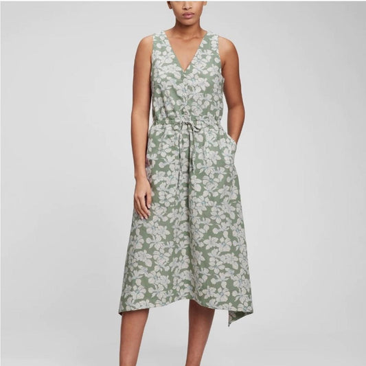 NEW Gap Tie-Waist Midi Dress w/Pockets, Floral Sage Green, Size M Tall New w/Tag
