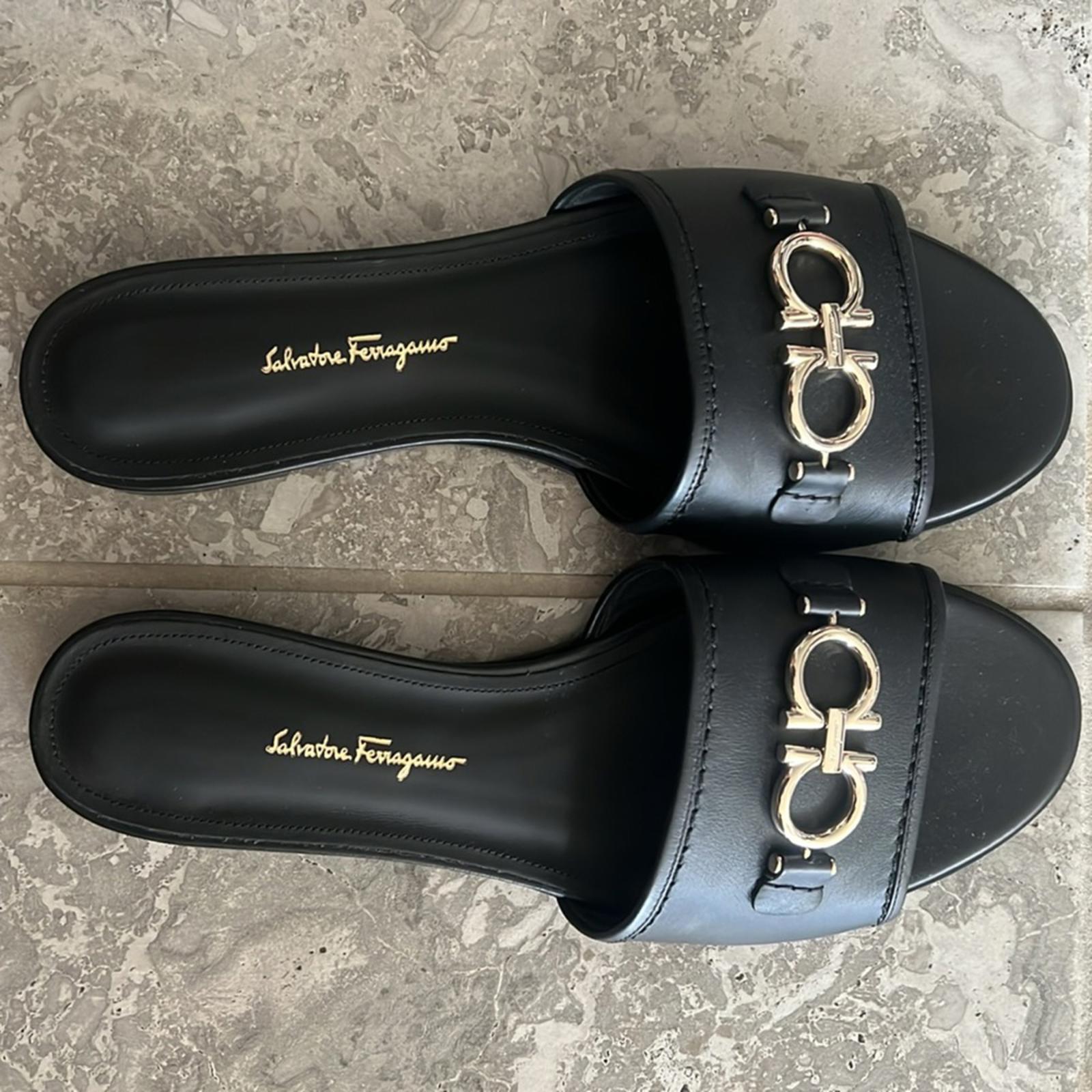 Salvatore Ferragamo Rhodes Slide Sandals in Black/Silver-Tone, NWT, Size 10.5