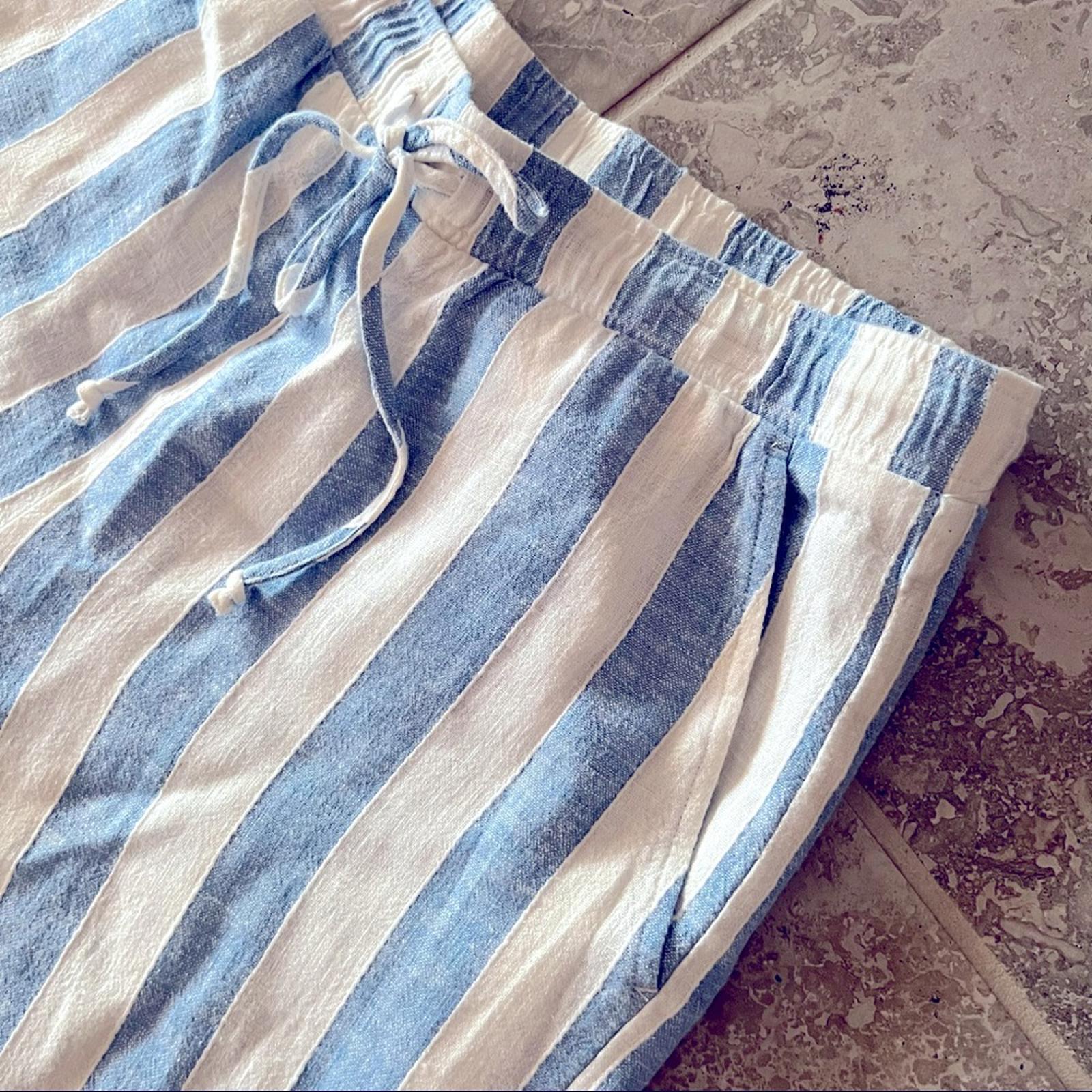Anthropologie’s Cloth & Stone Linen Wide Leg Pants Blue & Cream Size M New w/Tag