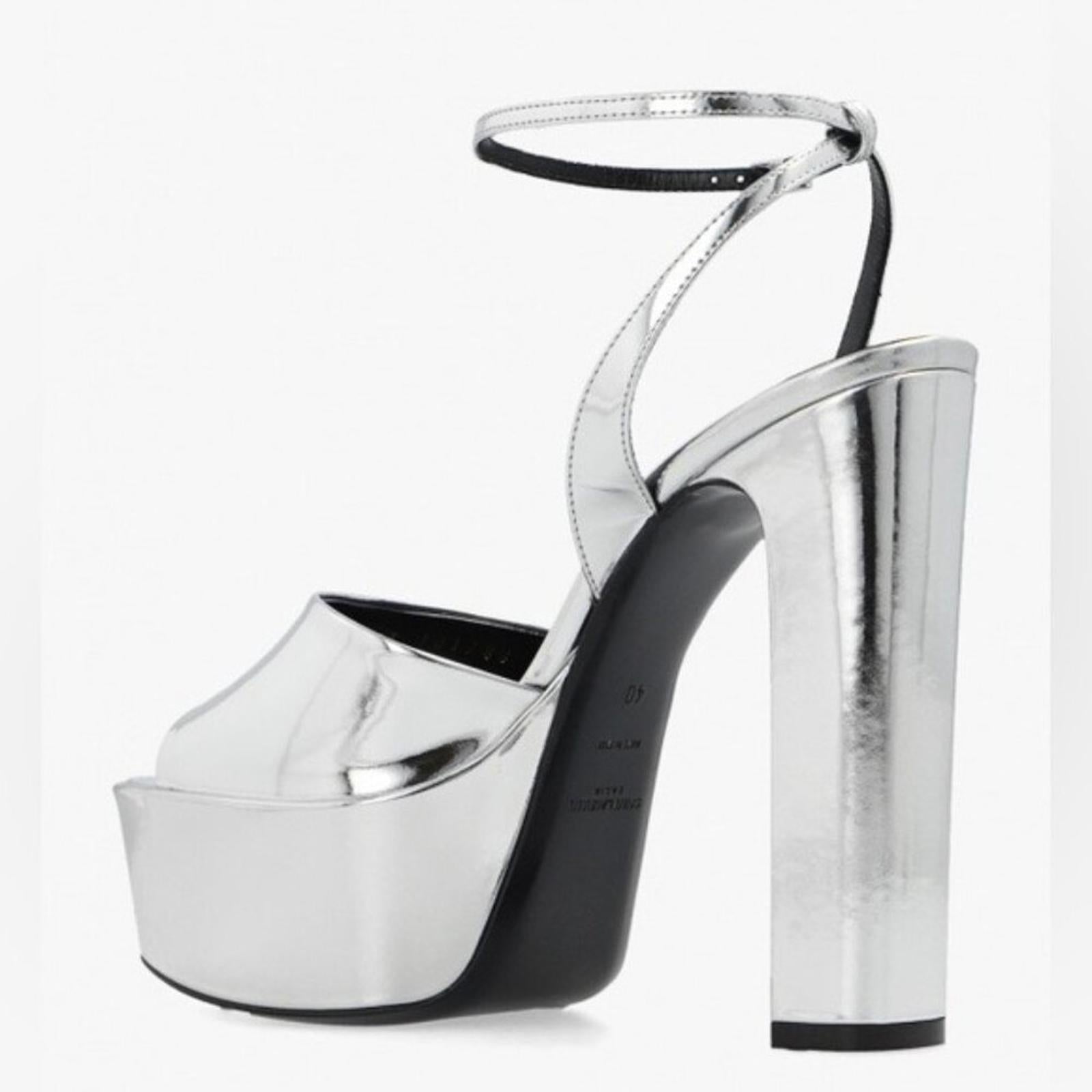 Saint Laurent Jodie Platform Sandals in Metallic Silver, Size 41 NEW +2 DustBags